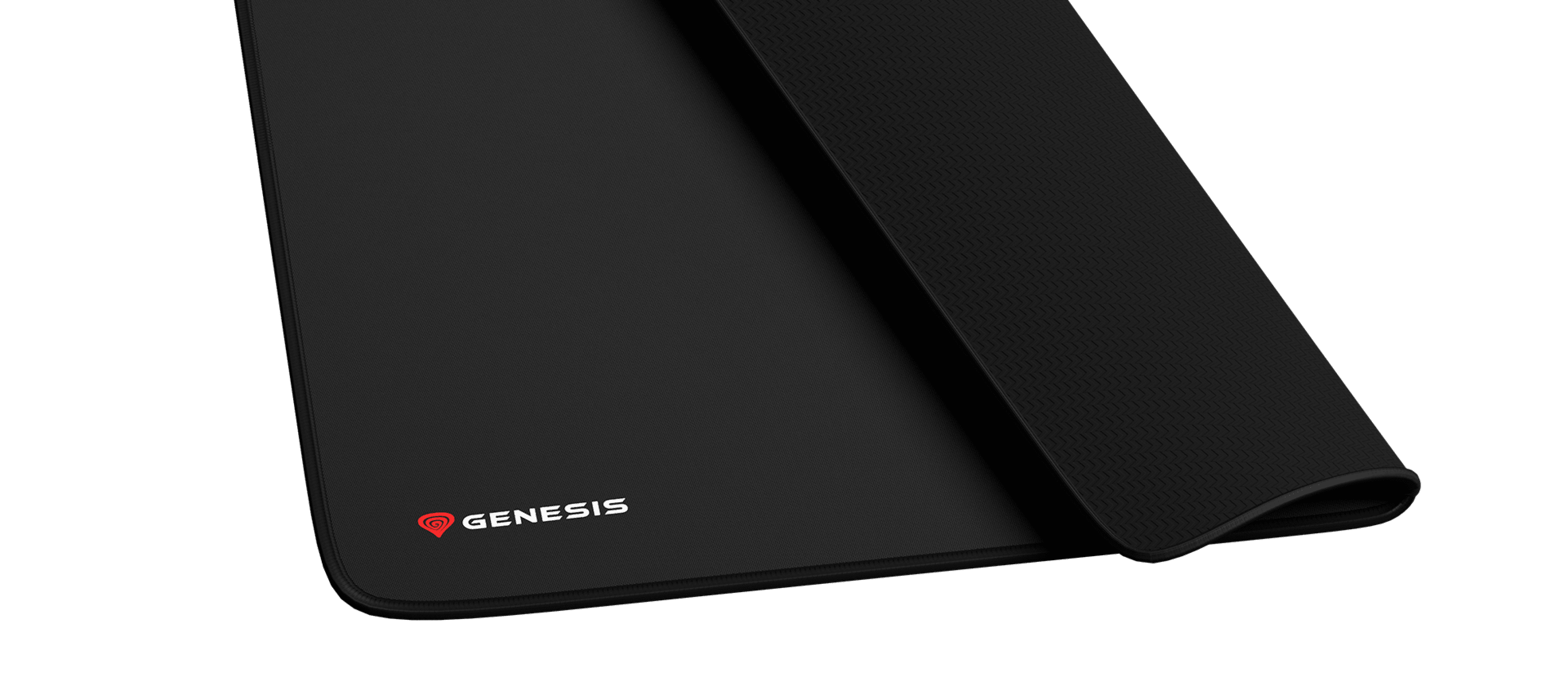 Black gaming mouse pad with a smooth surface, featuring the Genesis logo and curved edges, measuring 400x330mm