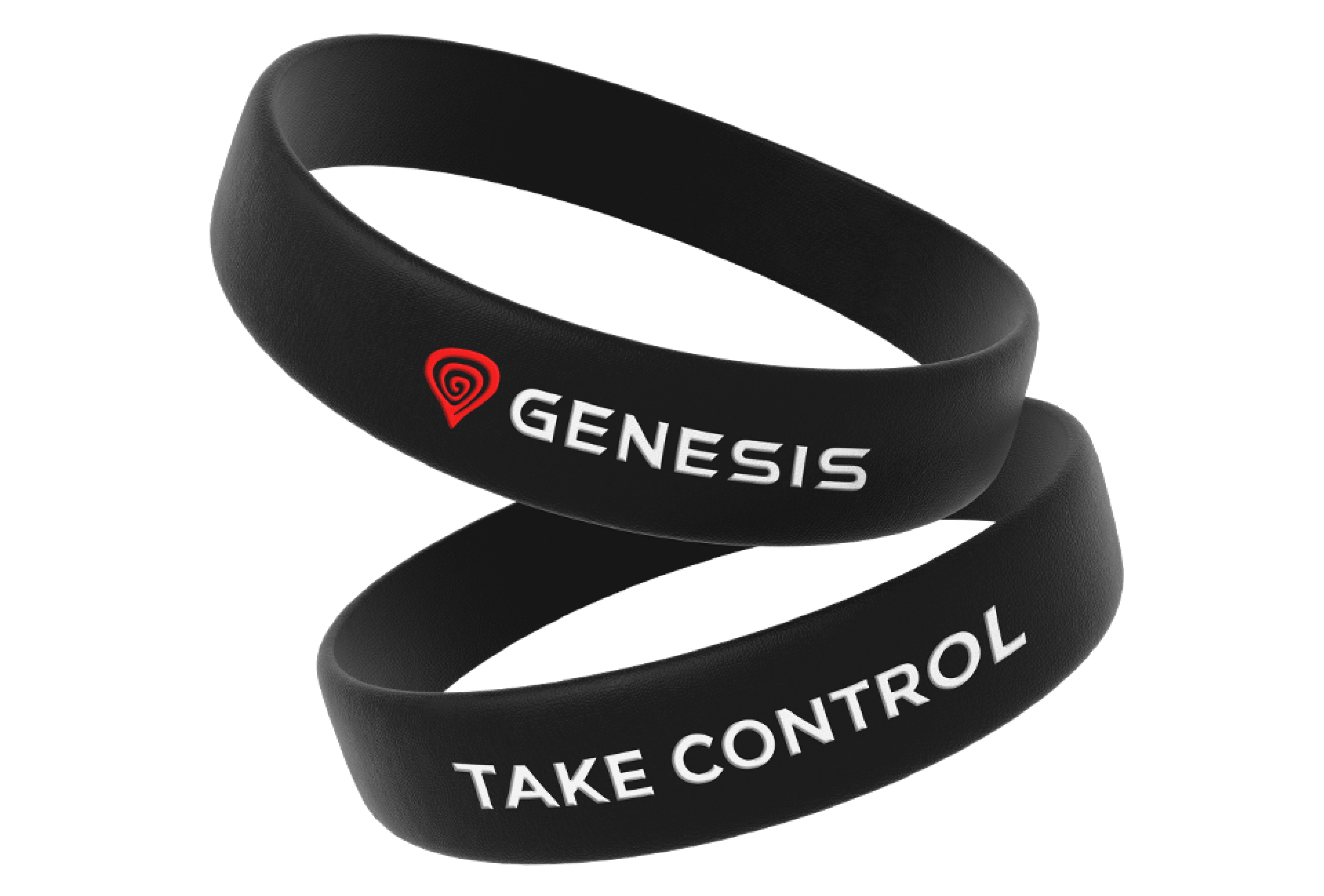 Black silicone wristbands featuring the text "GENESIS" and "TAKE CONTROL" in white