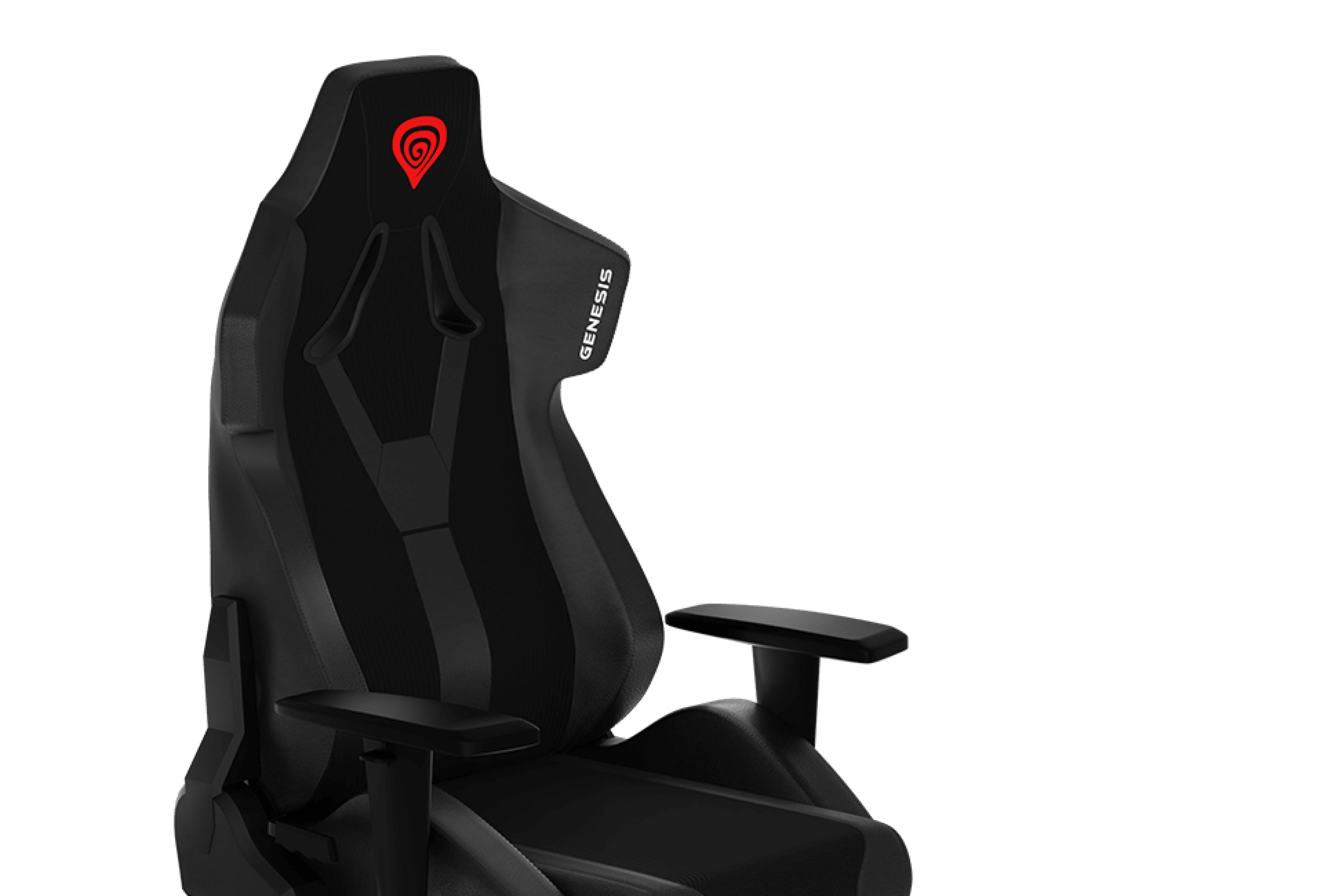 Gaming chair Genesis Nitro 650 in black with ergonomic design and adjustable armrests, featuring the Genesis logo on the headrest