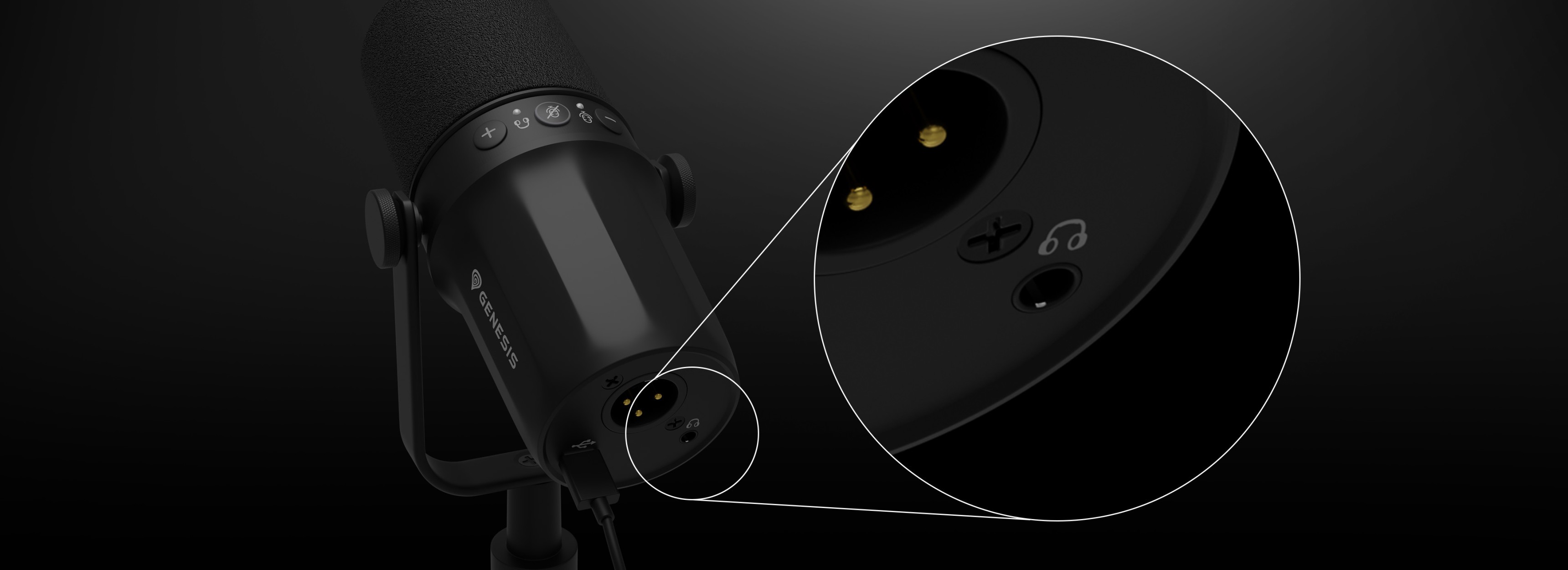 Studio microphone with USB and XLR connections, featuring controls on the side and a stand