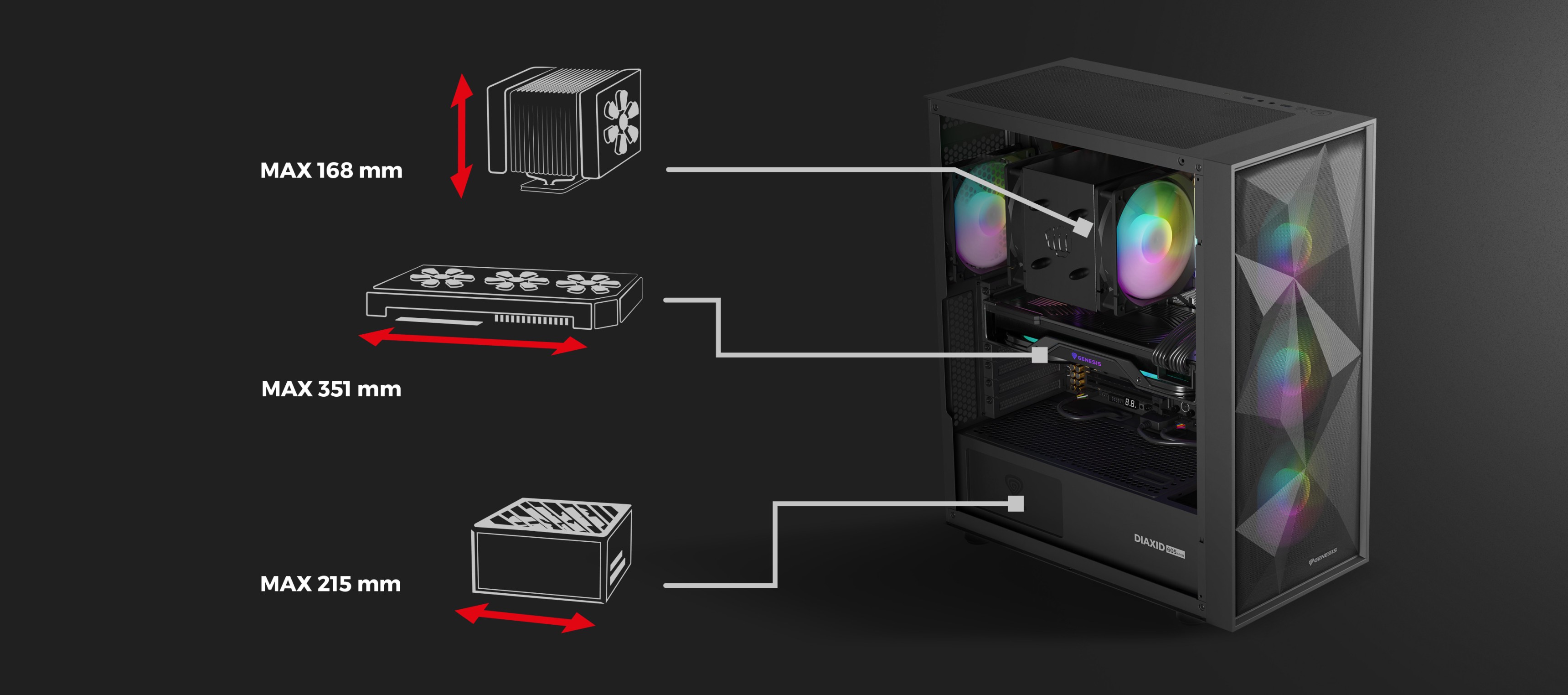 Black midi tower computer case with tempered glass panel and colorful cooling fans