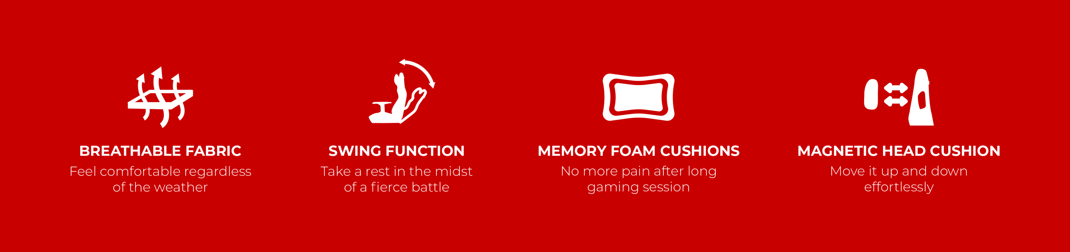 Four icons on a red background representing product features and functionalities.
