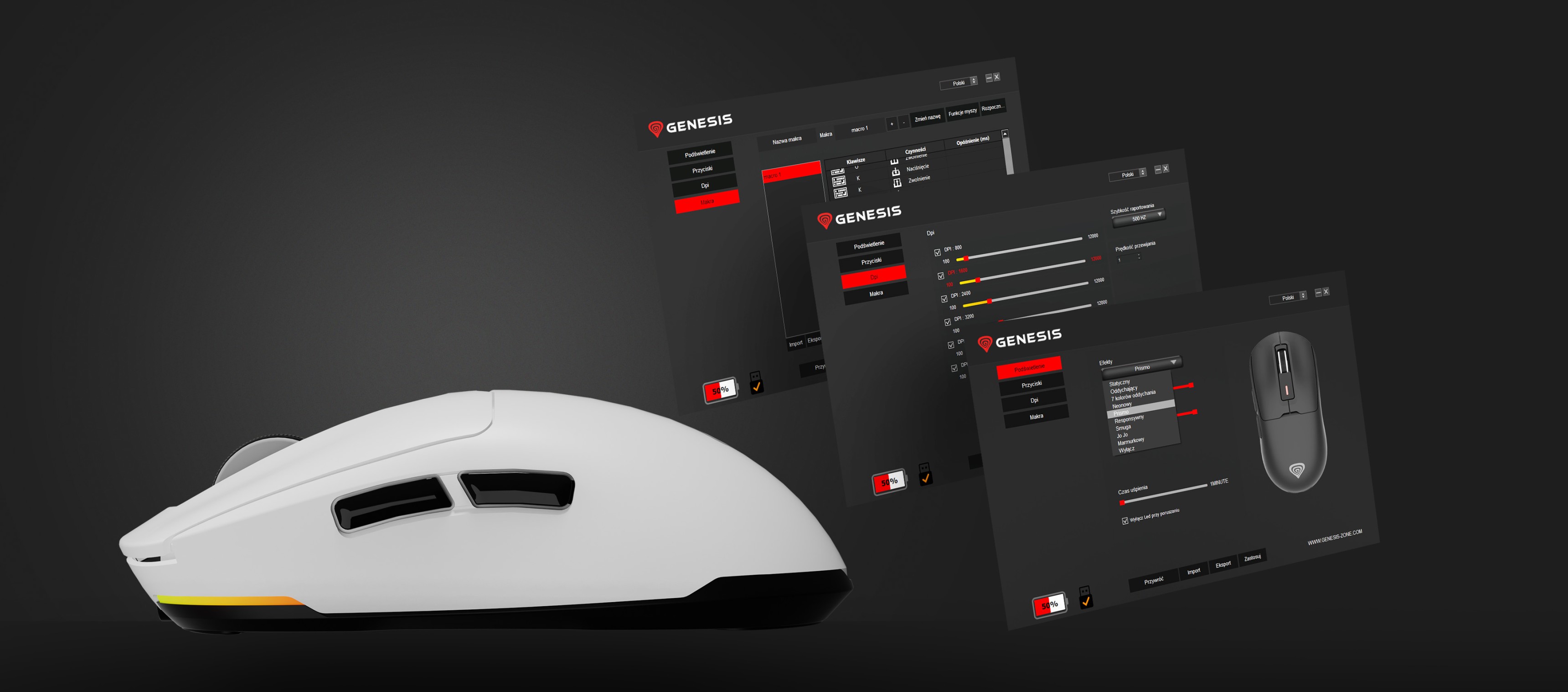 Wireless gaming mouse Genesis Zircon 660 in white, with three software interface displays showcasing settings and features