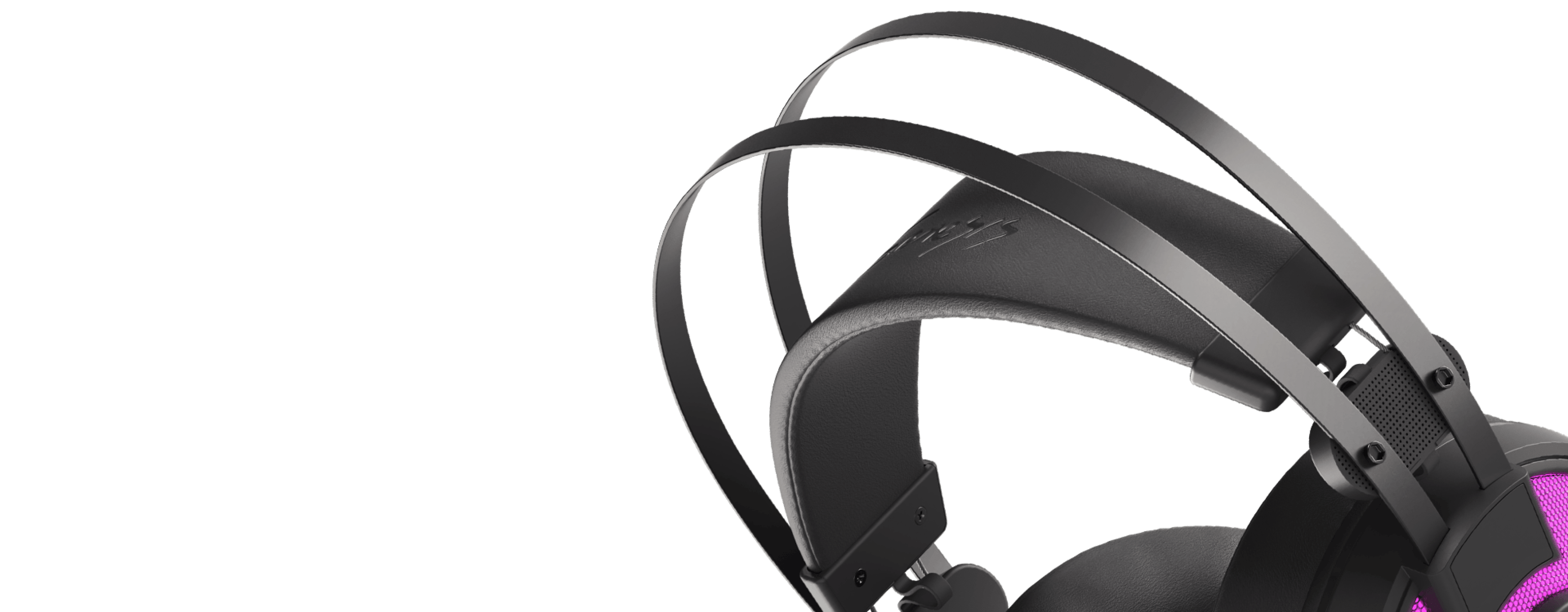 Headphones with a black design and purple lighting accents on the ear cups.