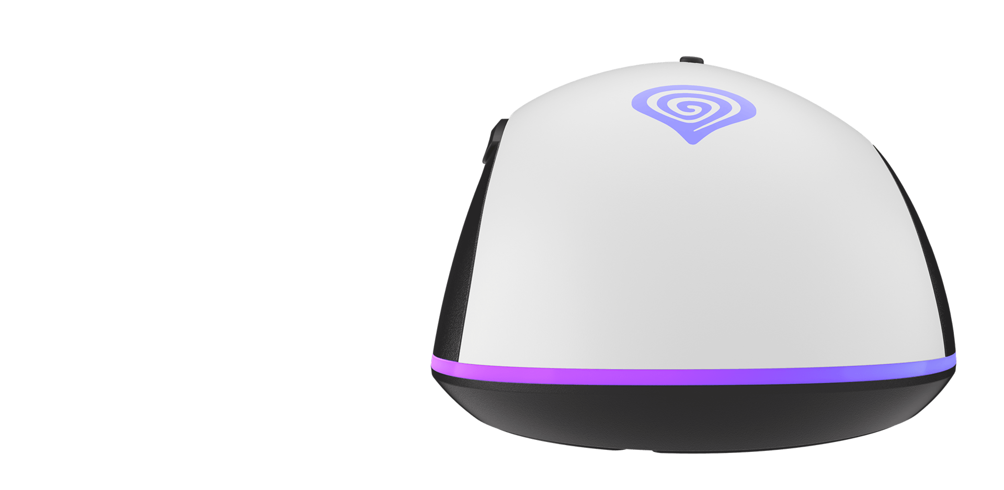 White gaming mouse with RGB lighting and programmable features, designed for gamers, featuring a smooth, ergonomic shape