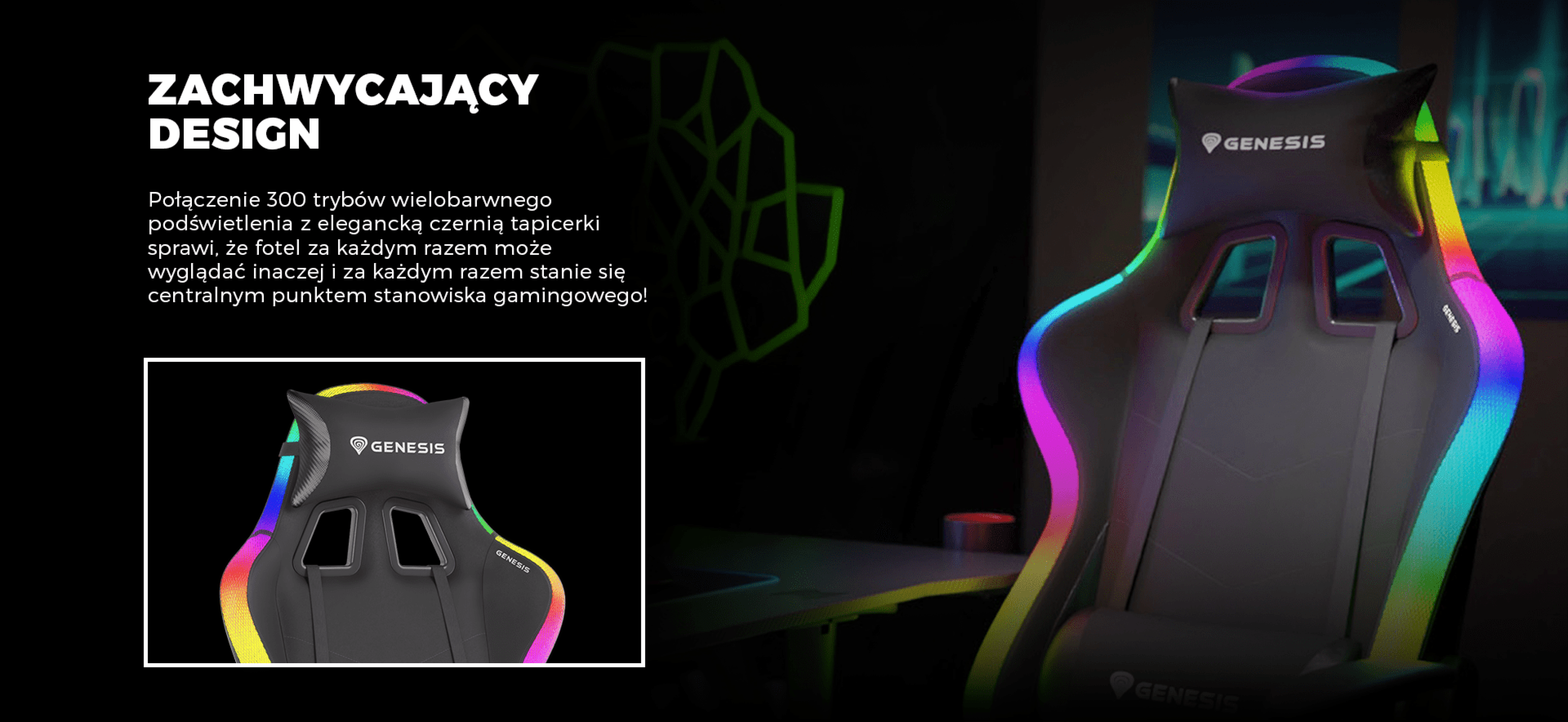Gaming chair Genesis Trit 500 with RGB lighting and sleek black upholstery, featuring a modern ergonomic design