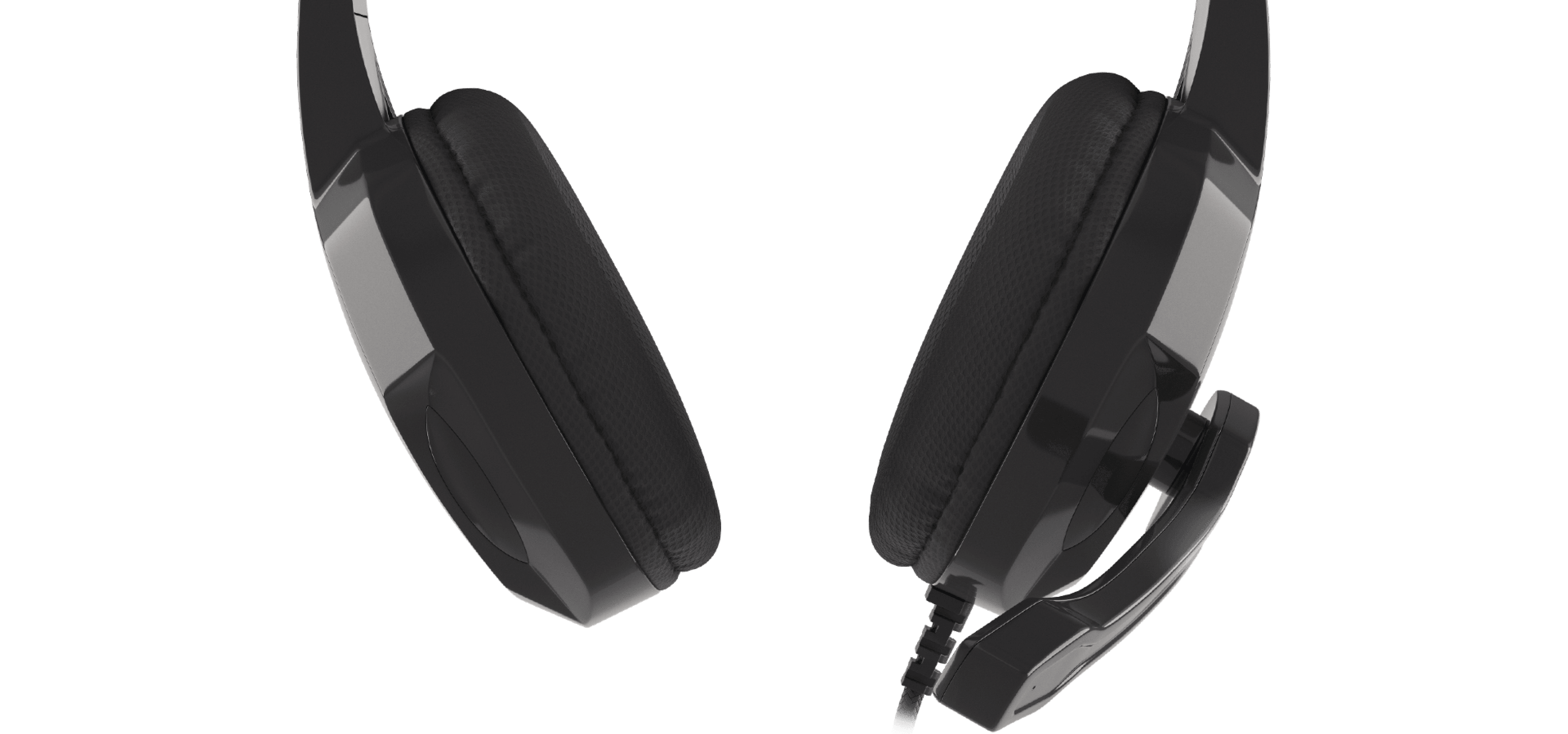 Black over-ear headphones with a flexible microphone attached on one side.