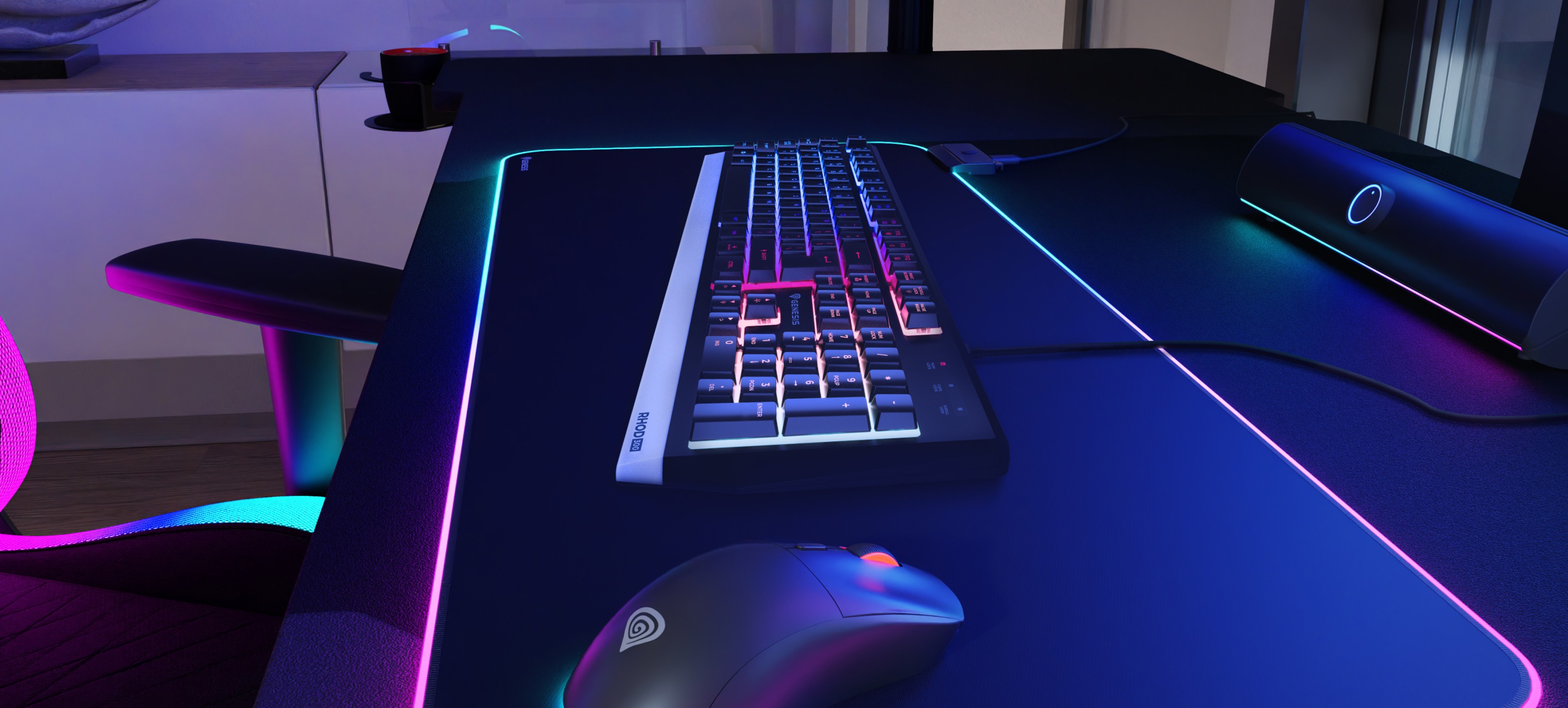 RGB gaming keyboard placed on a desk with a gaming mouse, featuring illuminated edges and colorful lighting effects