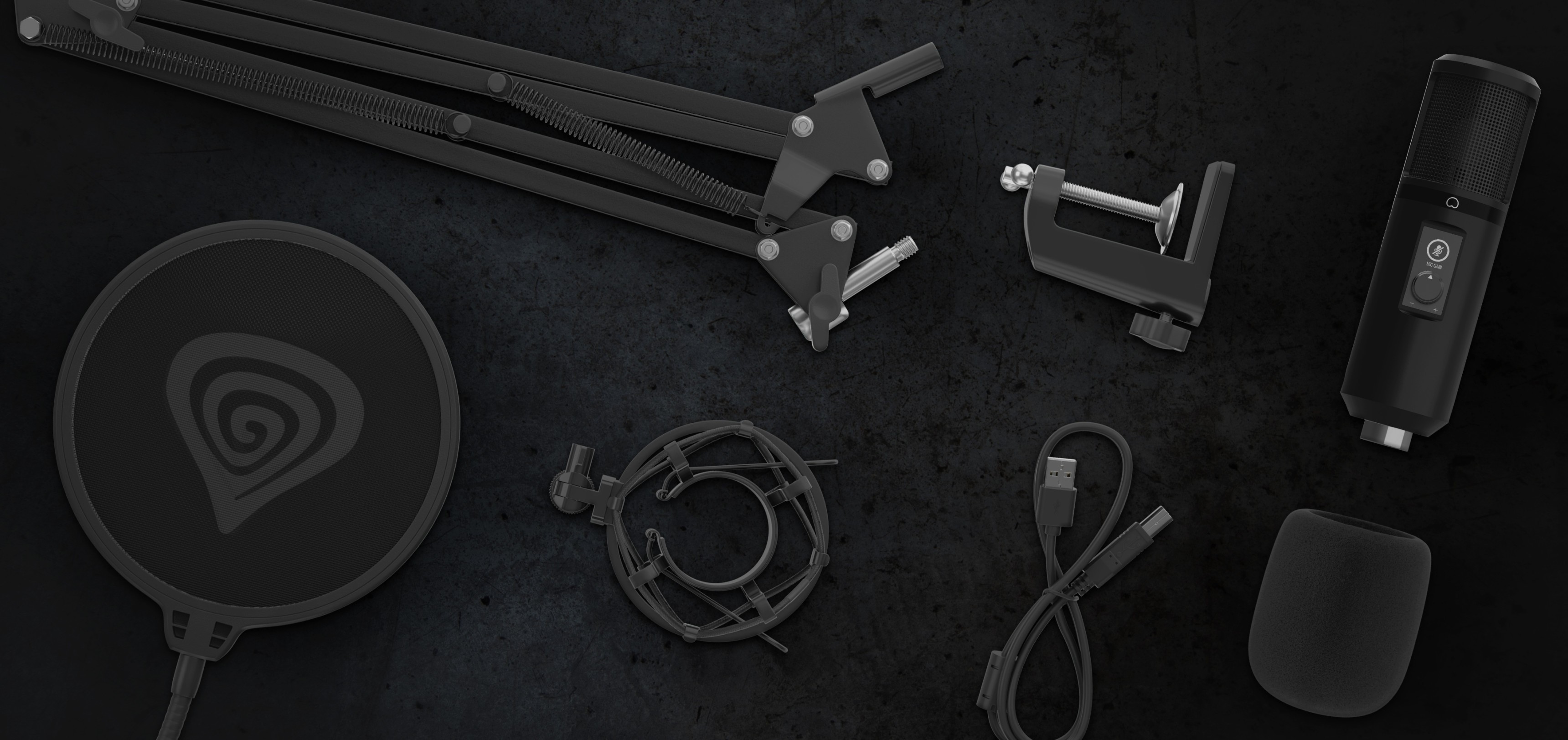 Black microphone kit featuring the Genesis Radium 400 G2, pop filter, adjustable arm, USB cable, and mounting clamp