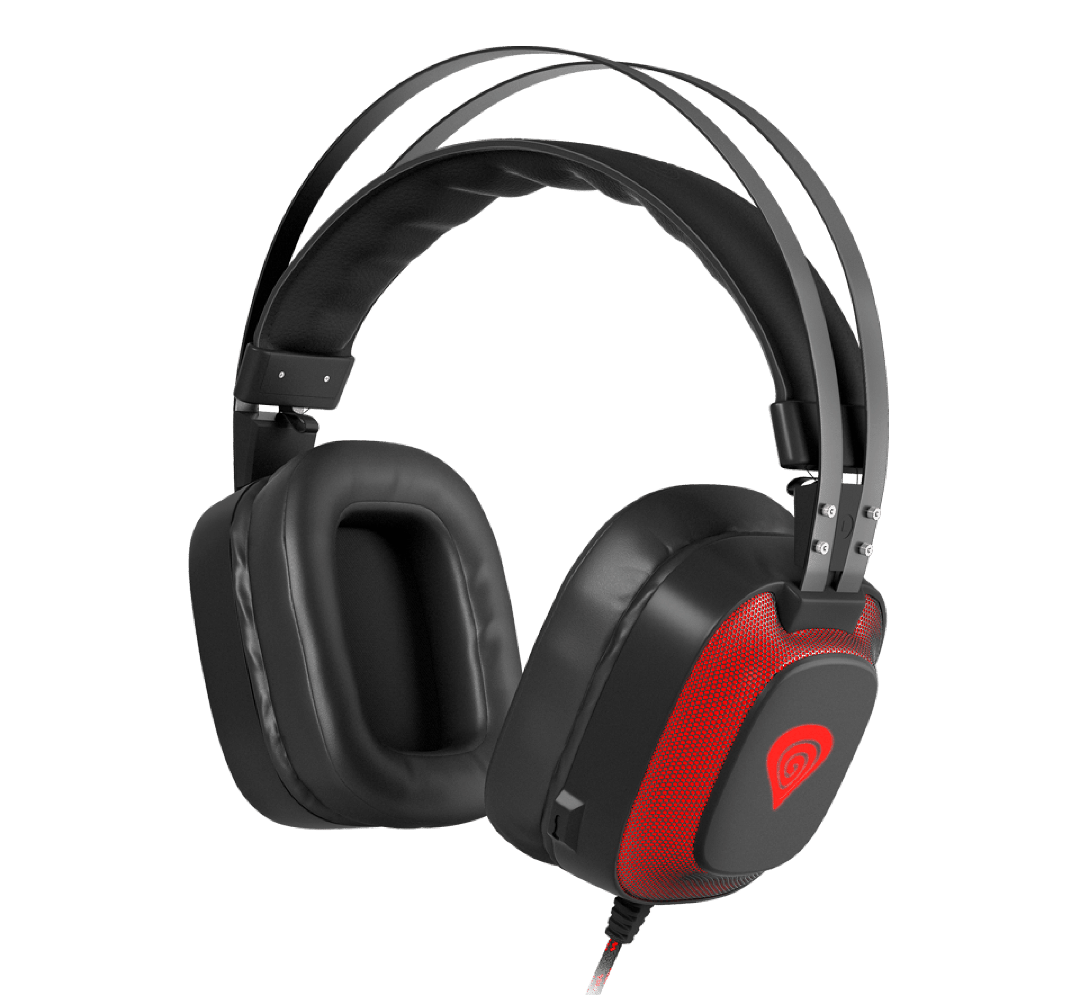 Black and red Genesis Radon 720 headphones with 7.1 surround sound and a built-in microphone