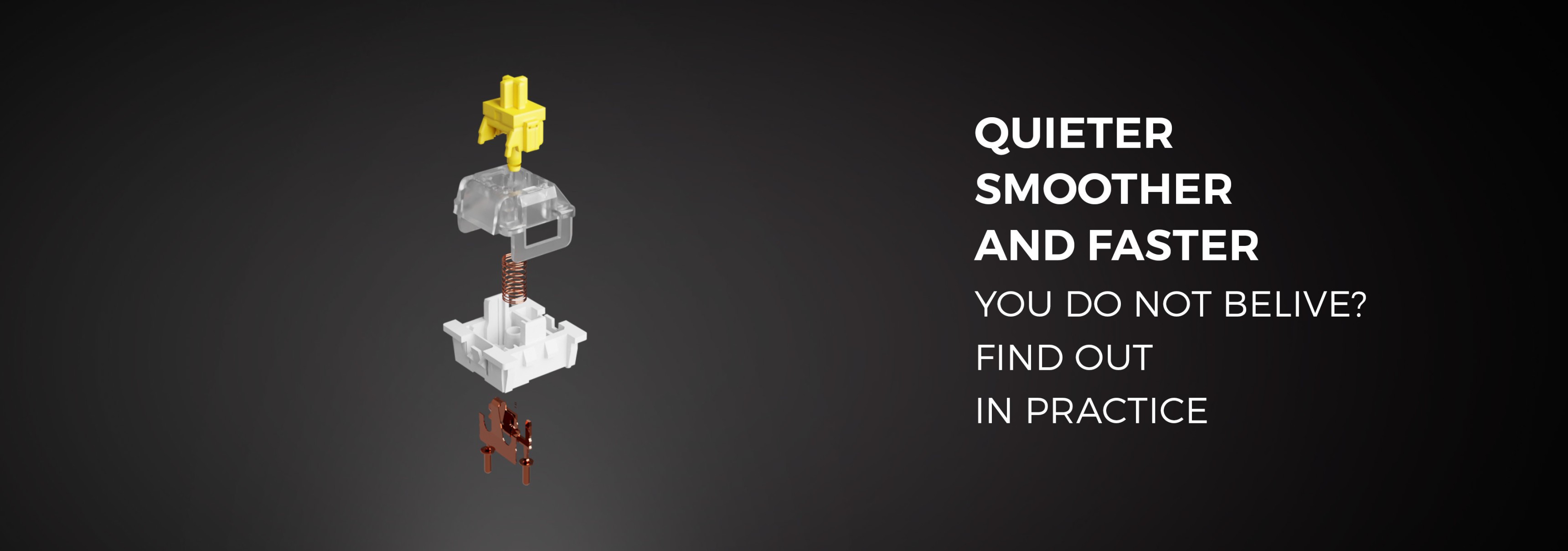 Exploded view of a Gateron Yellow Pro switch, highlighting features with text emphasizing smoother and quieter performance