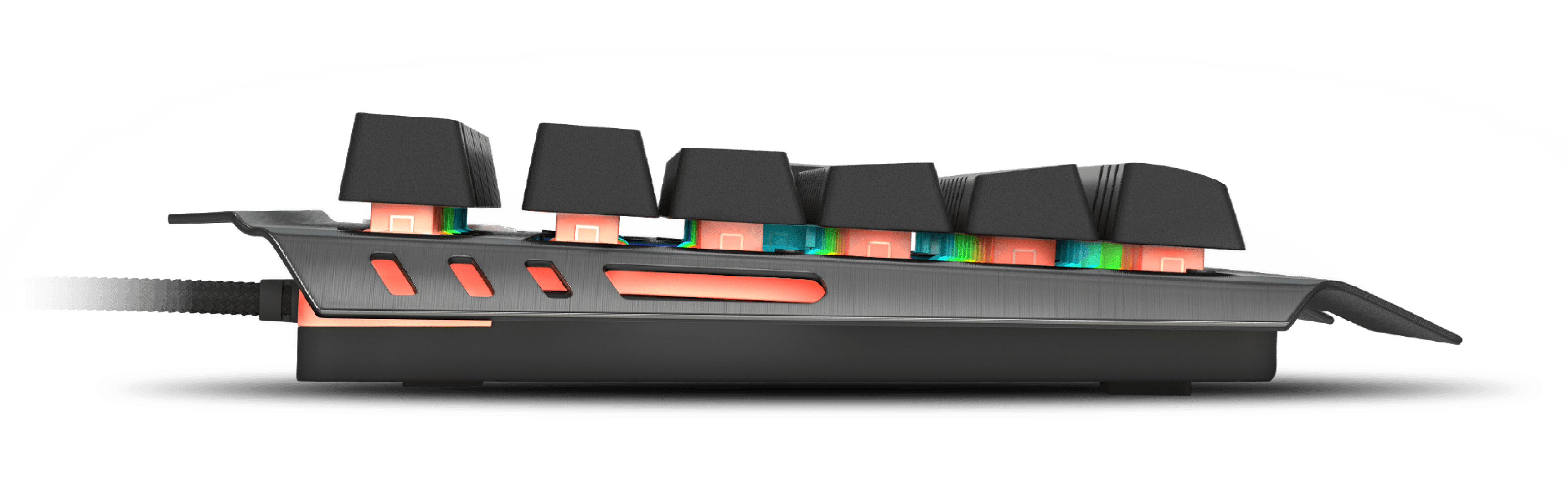 Side view of the Genesis Rhod 420 RGB gaming keyboard, featuring customizable backlit keys and a sleek design
