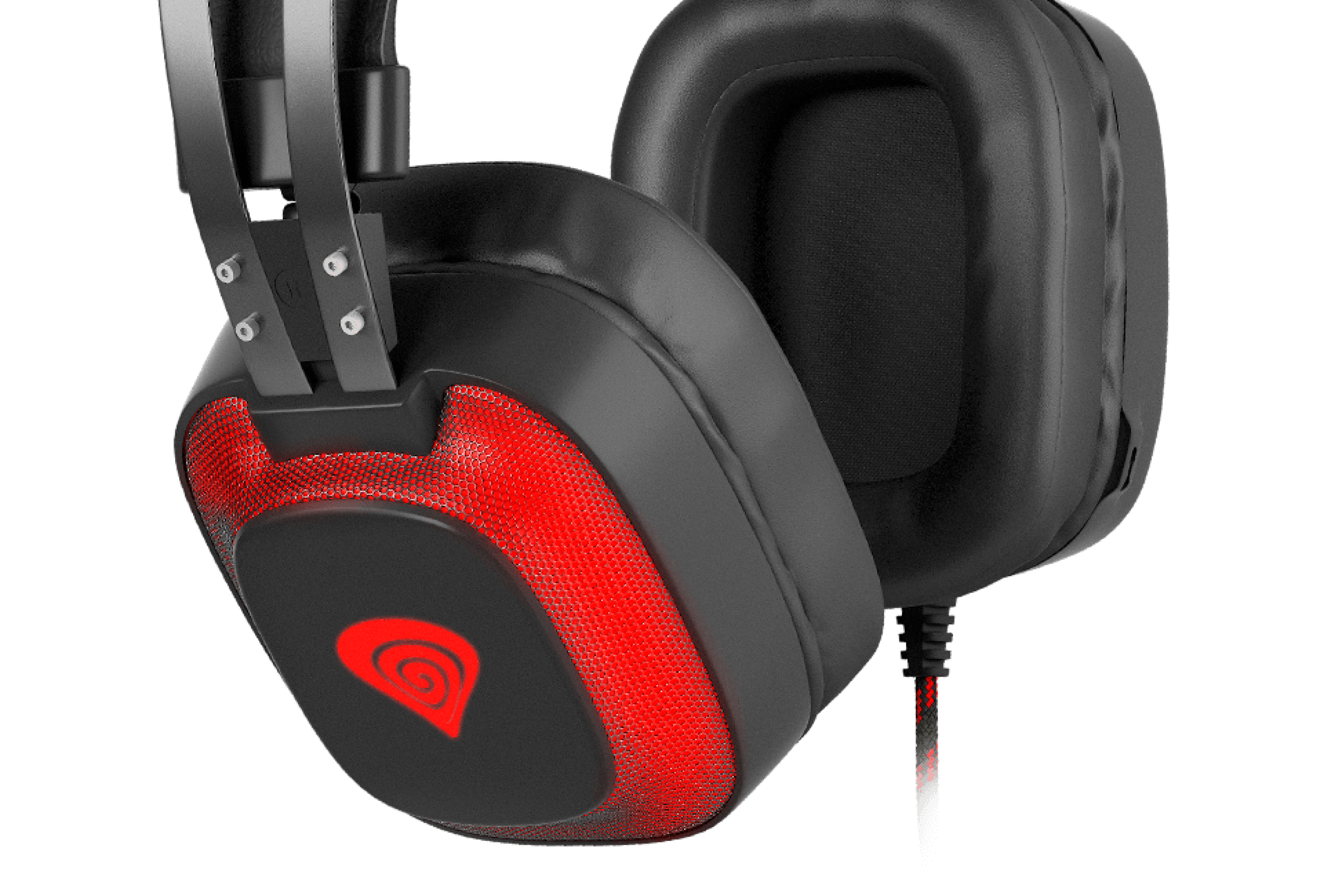 Black and red Genesis Radon 720 7.1 gaming headphones with a microphone and USB connection, featuring illuminated ear cups
