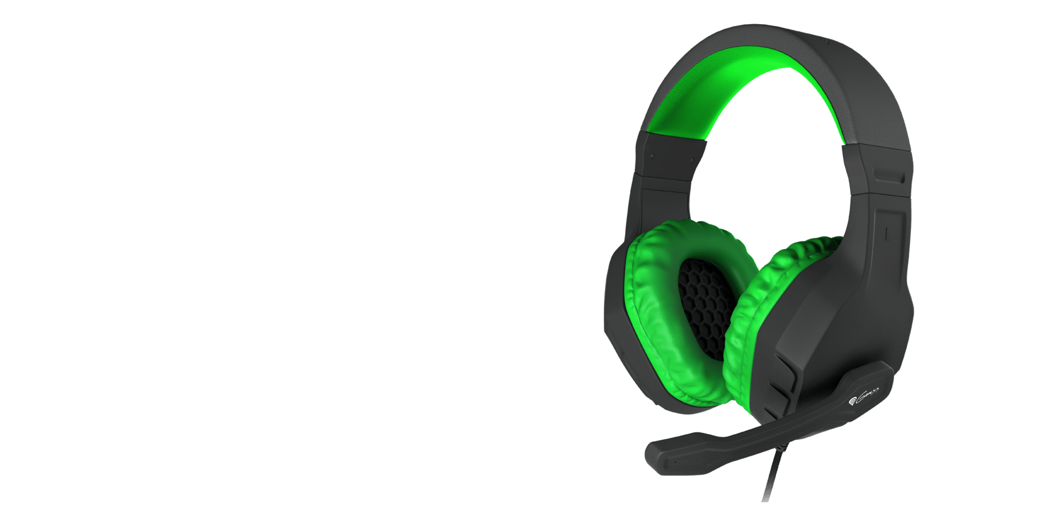 Black and green over-ear headphones with a built-in microphone and plush ear cushions