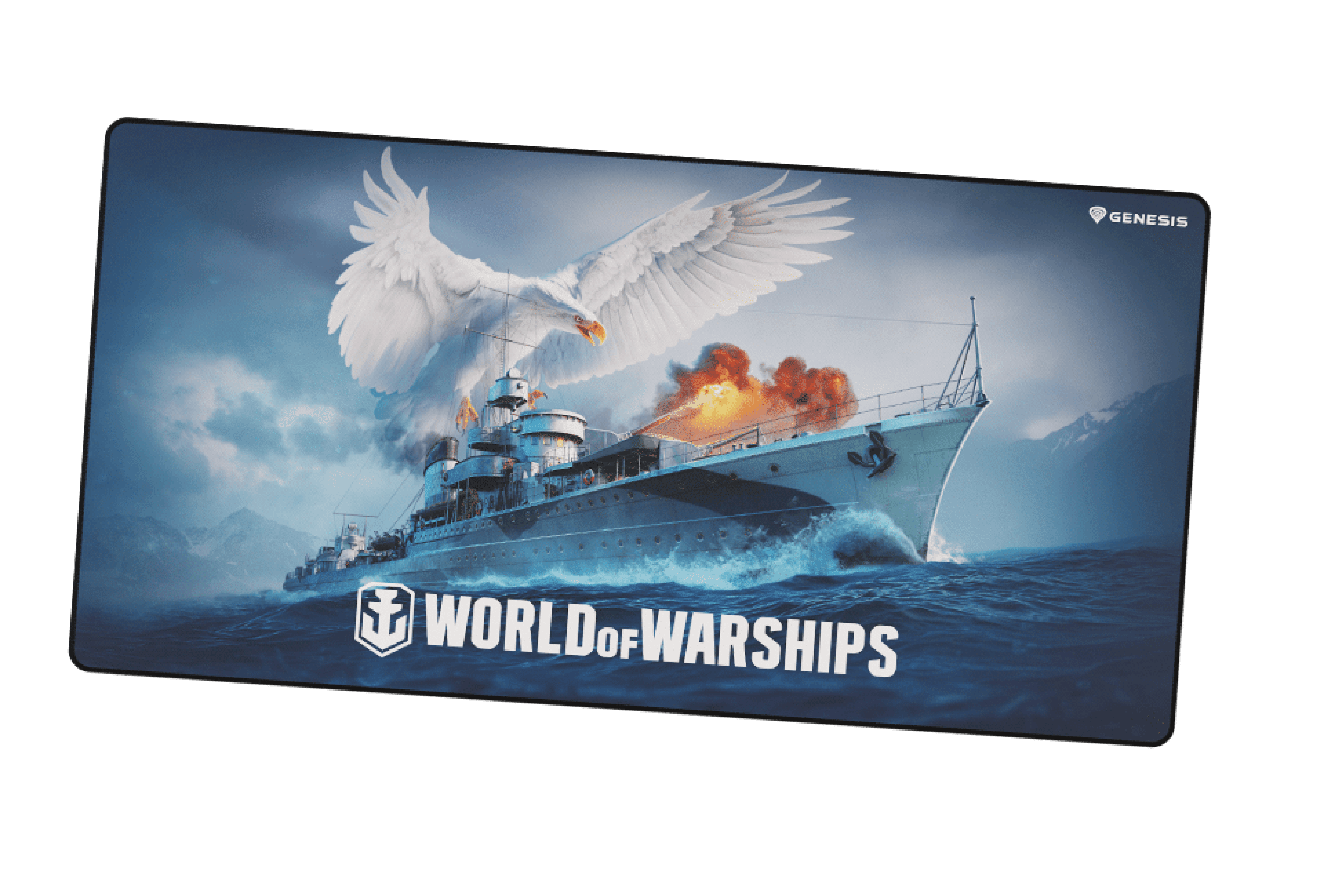 Mouse pad featuring dynamic artwork from World of Warships, showcasing a battleship and an eagle in a dramatic scene