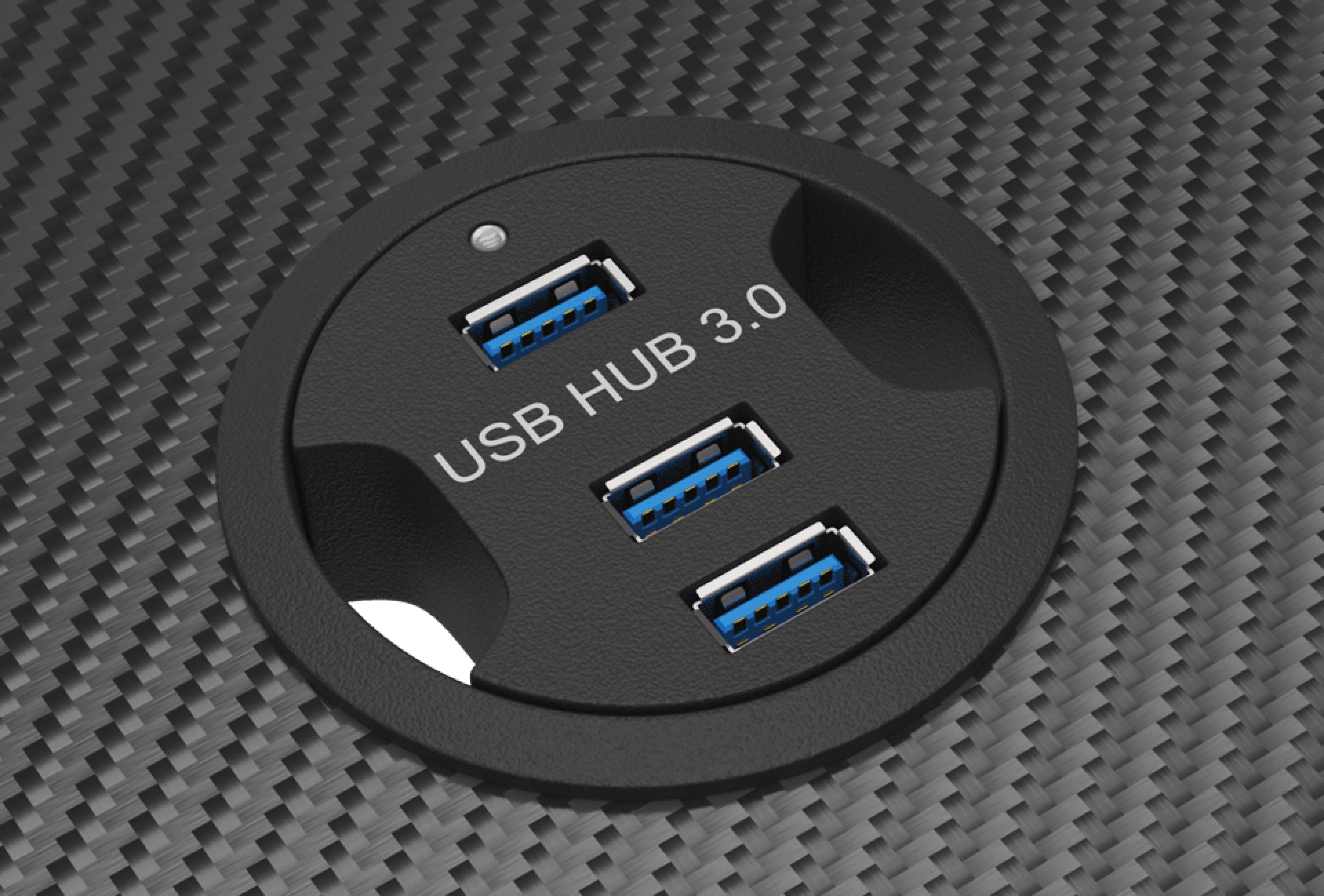 Close-up of a round USB hub featuring three USB 3.0 ports, set against a textured carbon fiber background