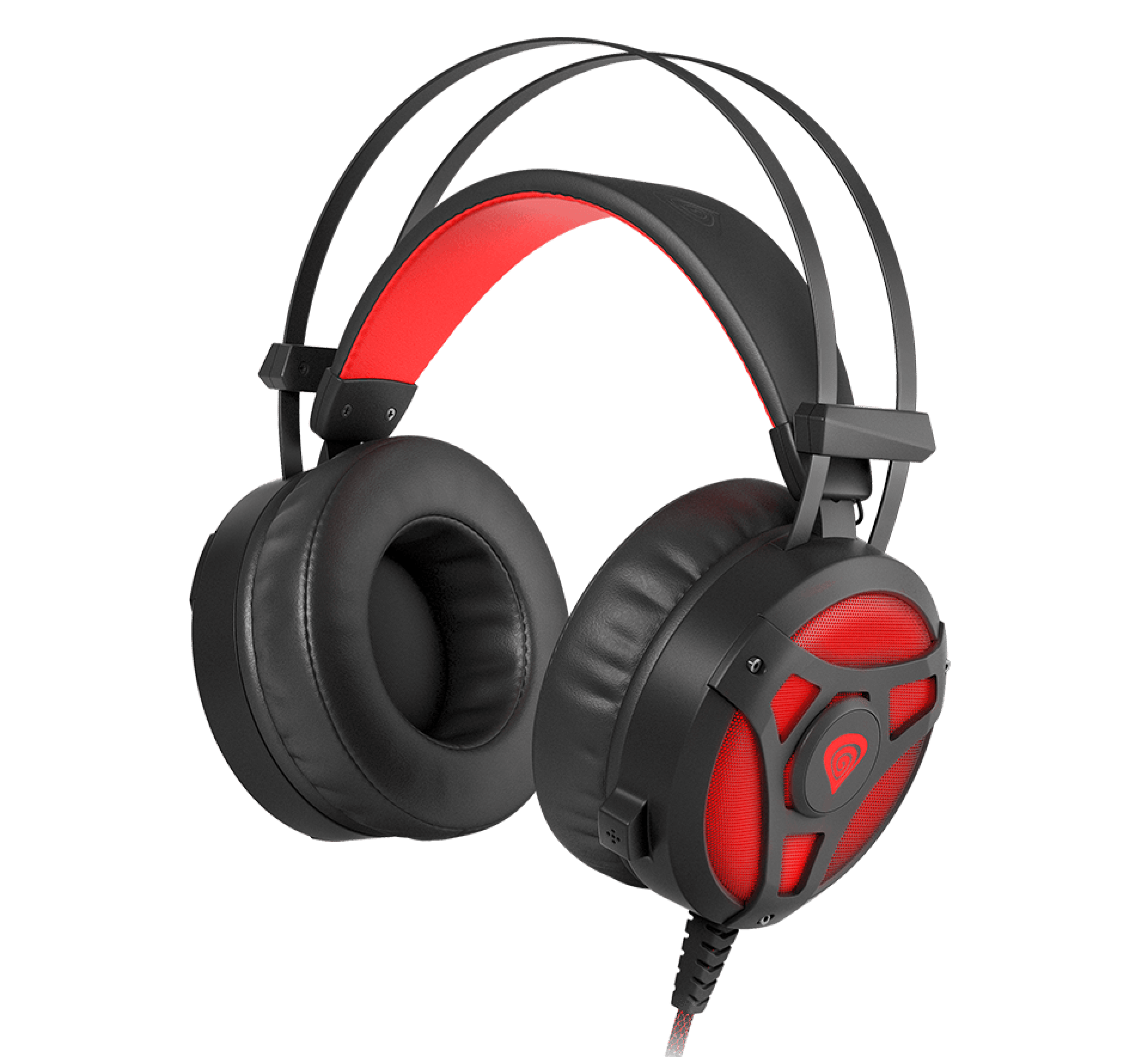 Over-ear black and red gaming headphones with a microphone and LED lighting