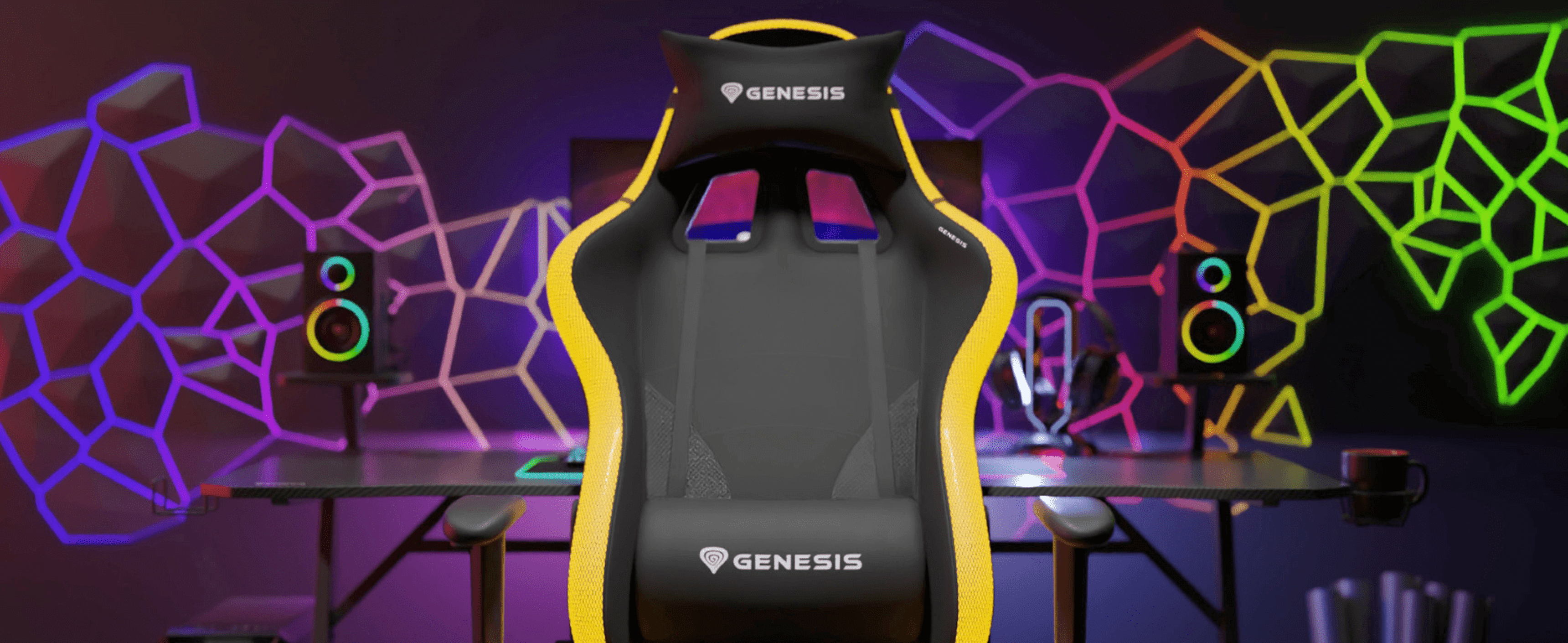 Racing-style gaming chair in black and yellow with a colorful illuminated background.