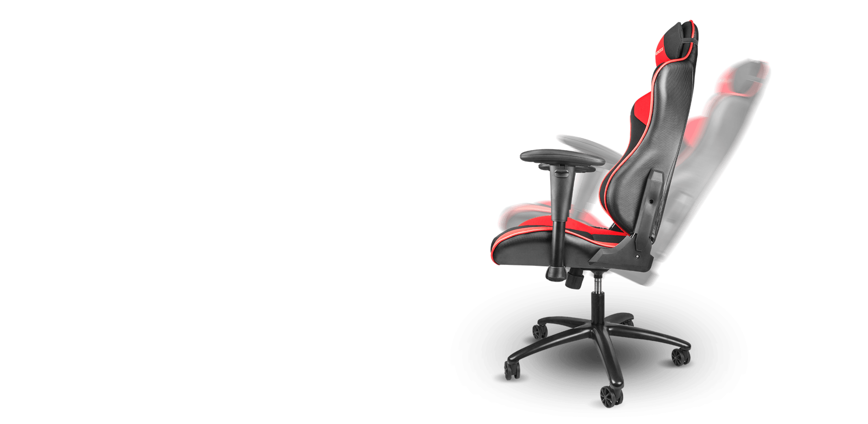Black and red gaming chair with a reclining feature, adjustable armrests, and a modern design