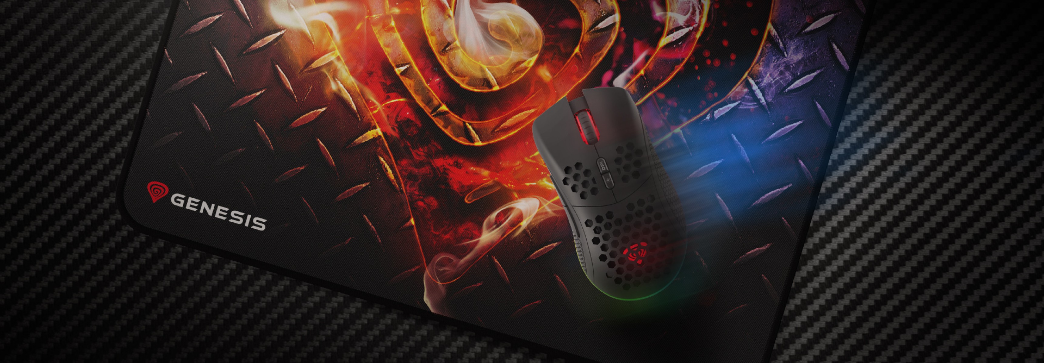 Black mouse pad with a textured surface featuring vibrant graphics and a gaming mouse positioned on it