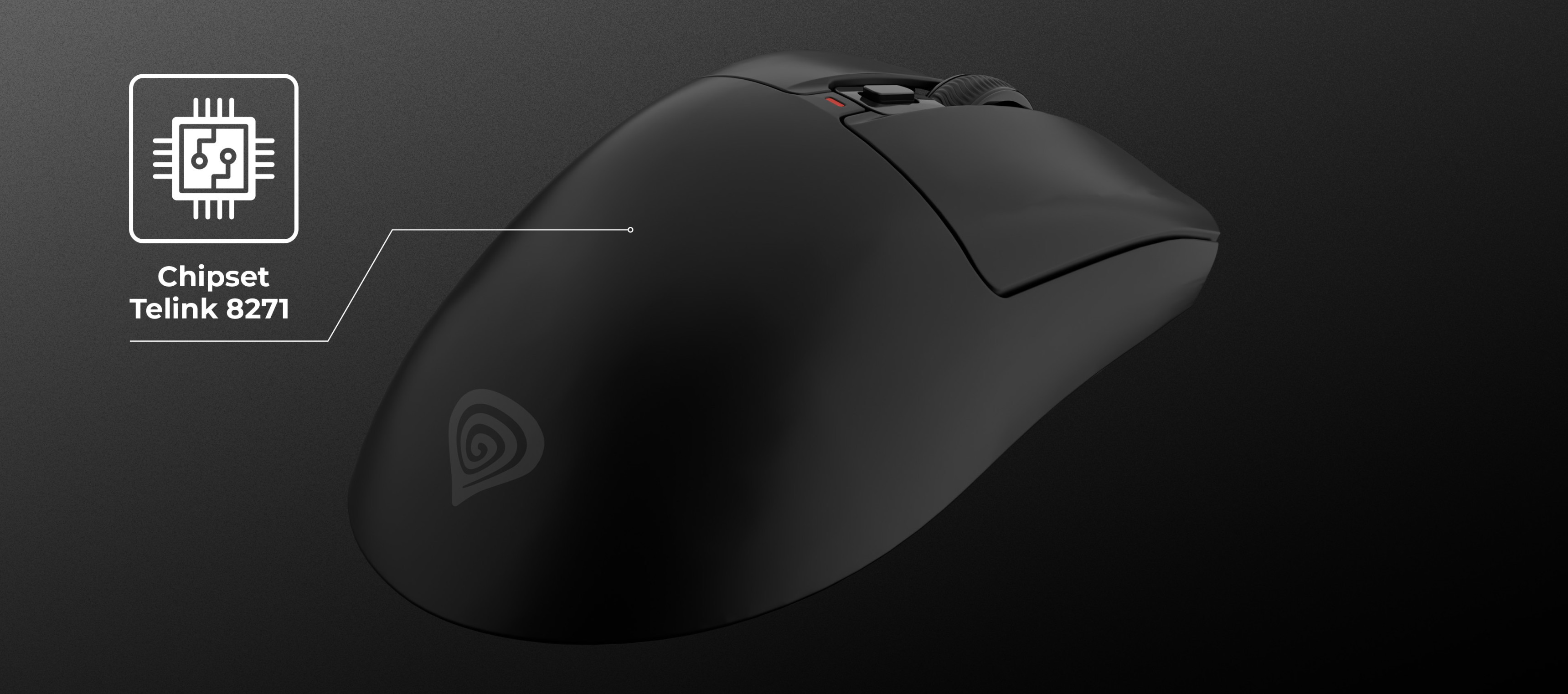 Black computer mouse with a sleek design and a red button on top.