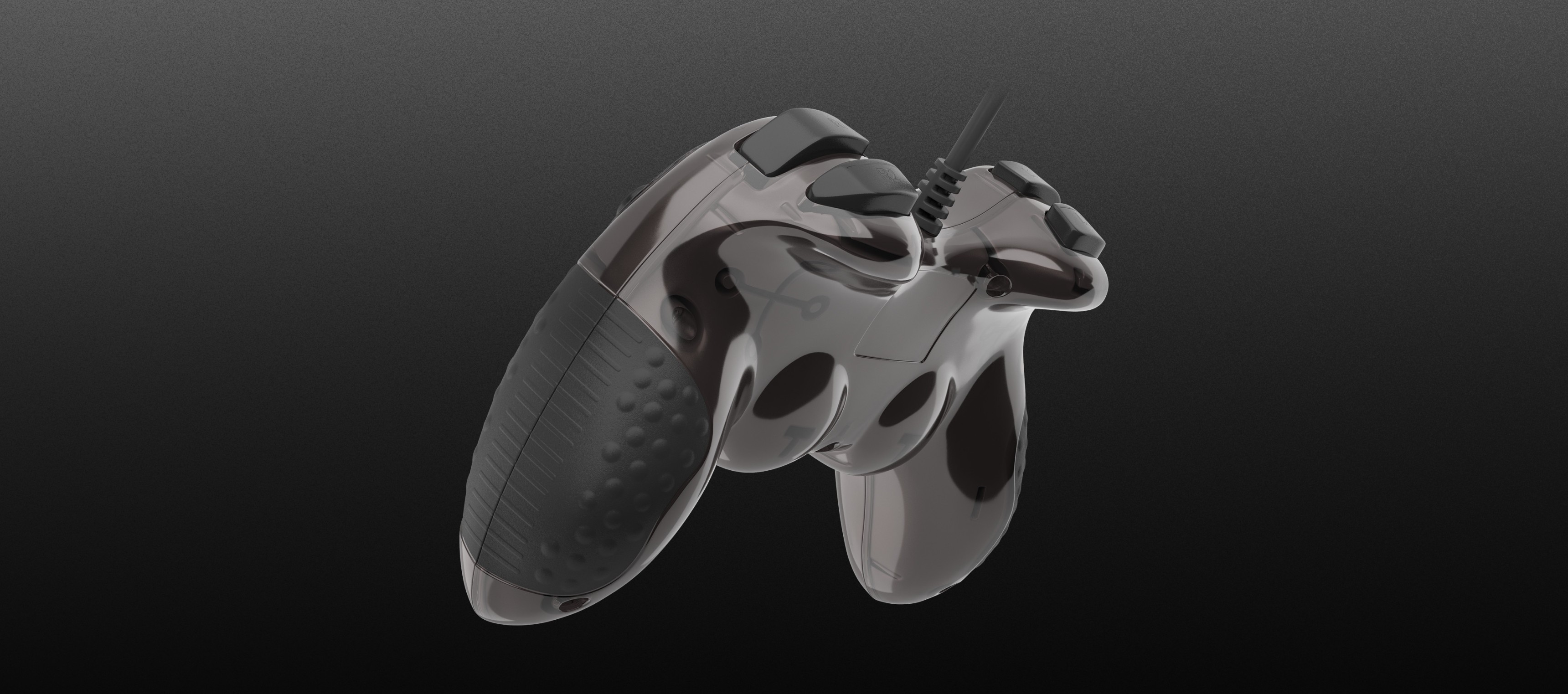 Gaming controller with a sleek design and a connection cable attached.