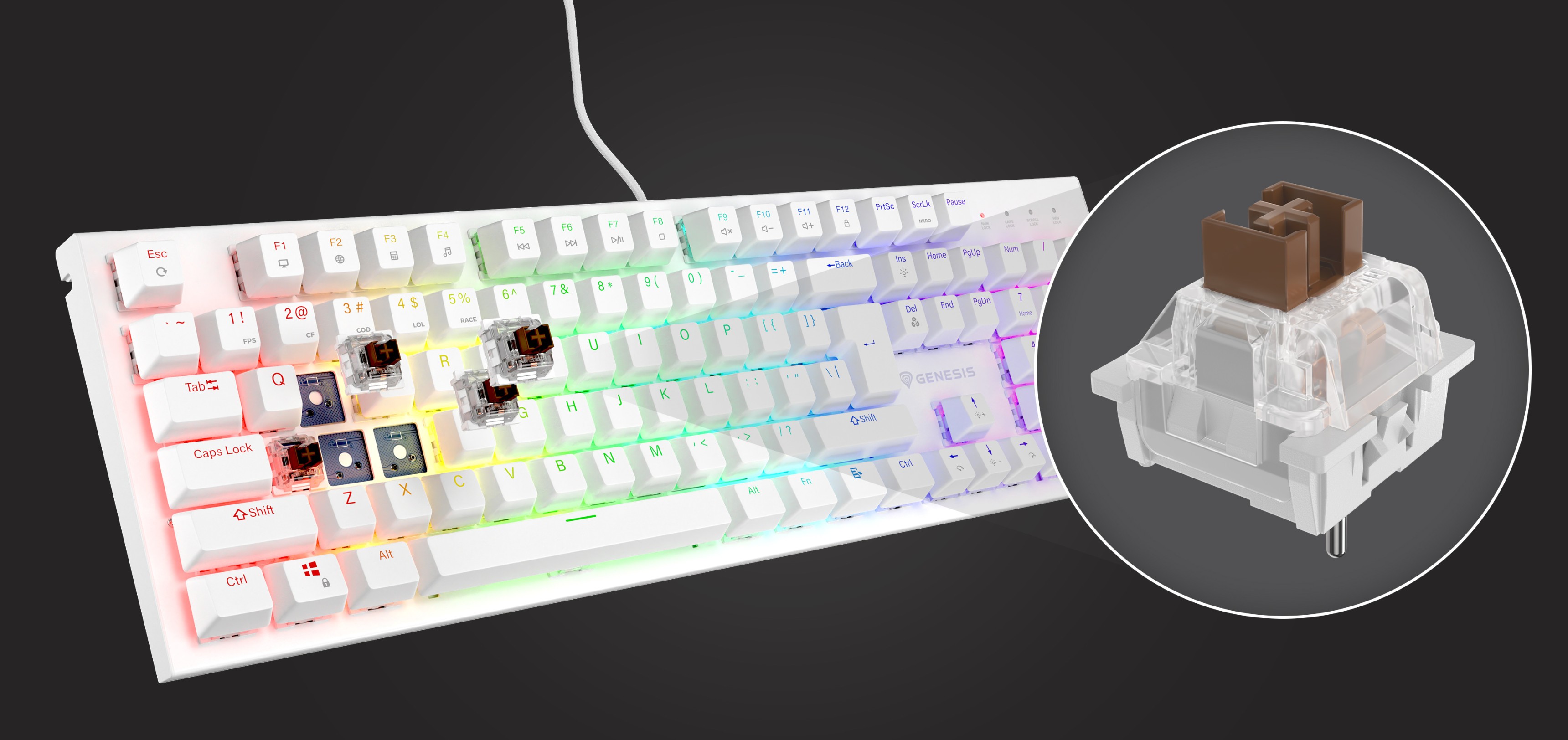 White RGB mechanical gaming keyboard with brown switches and hot-swap capability, featuring customizable backlighting