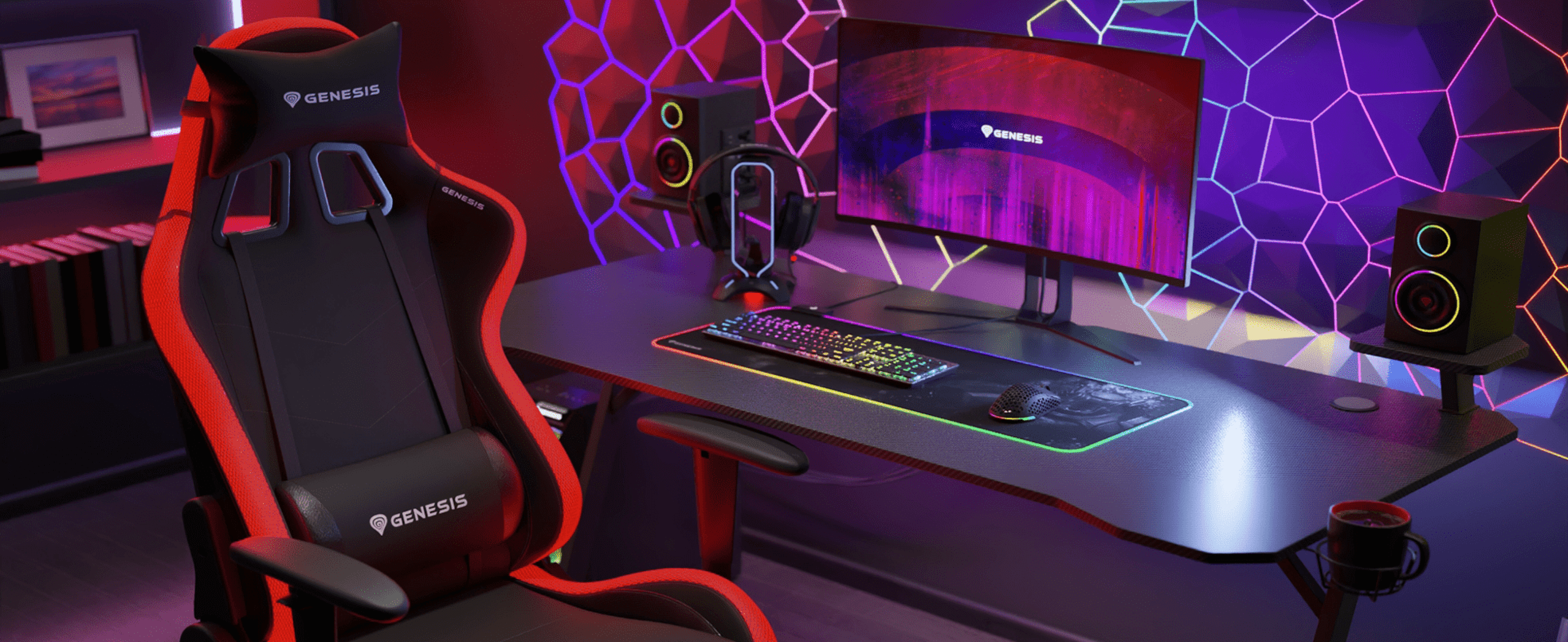 Black gaming chair with RGB lighting, positioned near a sleek desk with a monitor, keyboard, speakers, and a gaming mouse pad