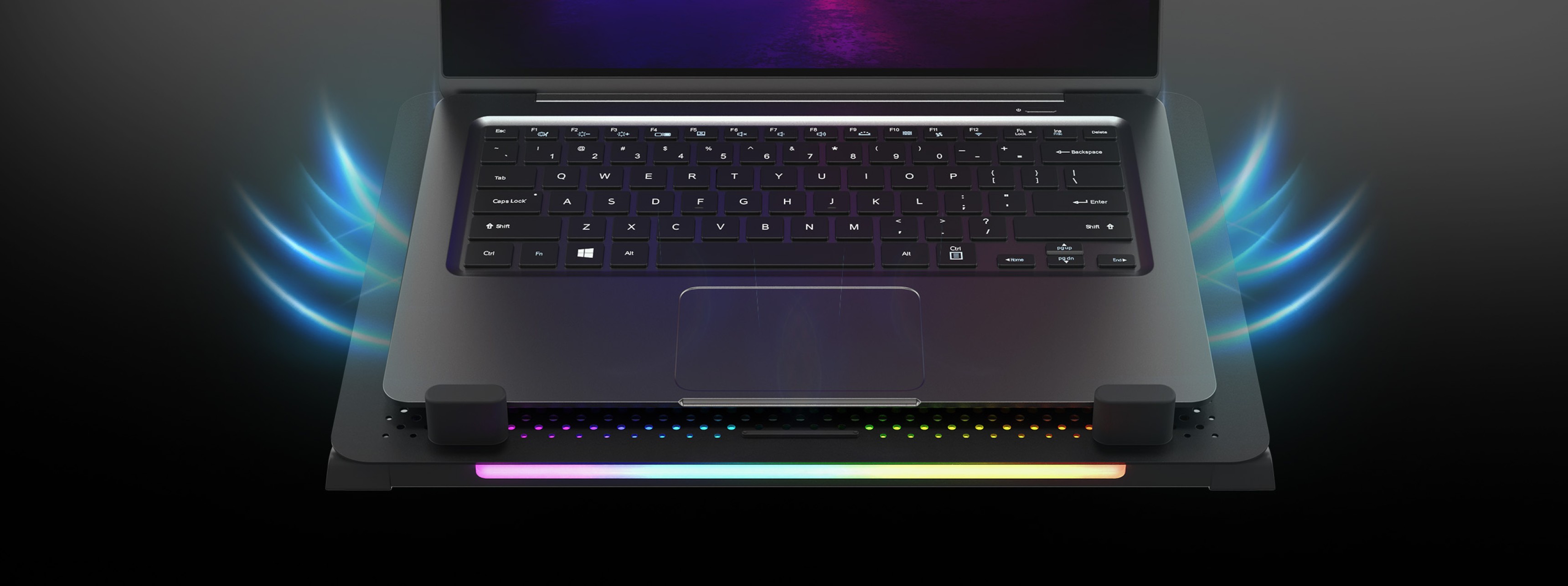 Cooling pad for laptops with RGB lighting, featuring a fan and two USB ports, designed for 15.6" devices