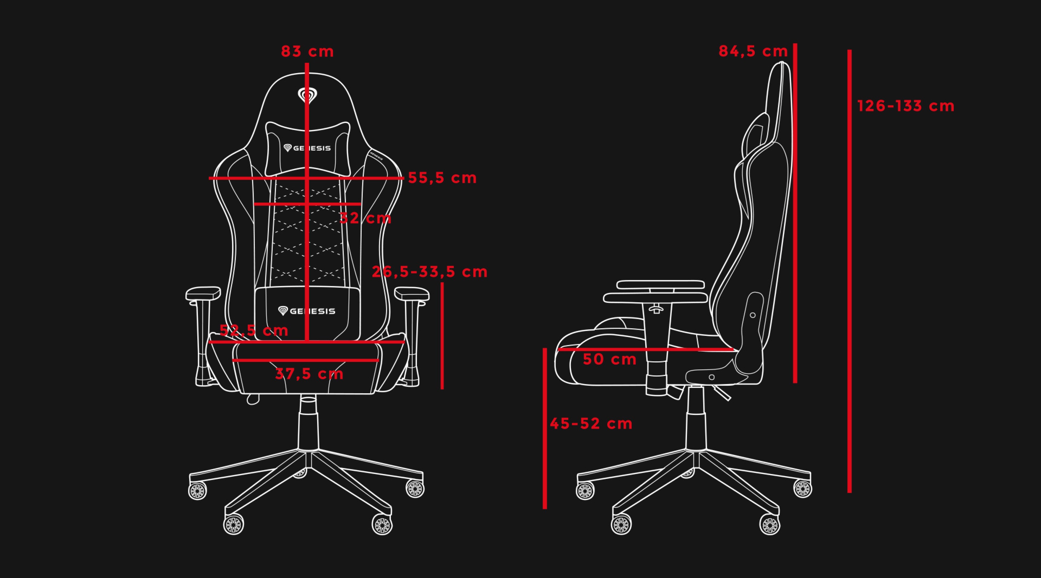 Diagram detailing dimensions of the Genesis Nitro 440 G2 mesh gaming chair, showing side and back views with measurement annotations