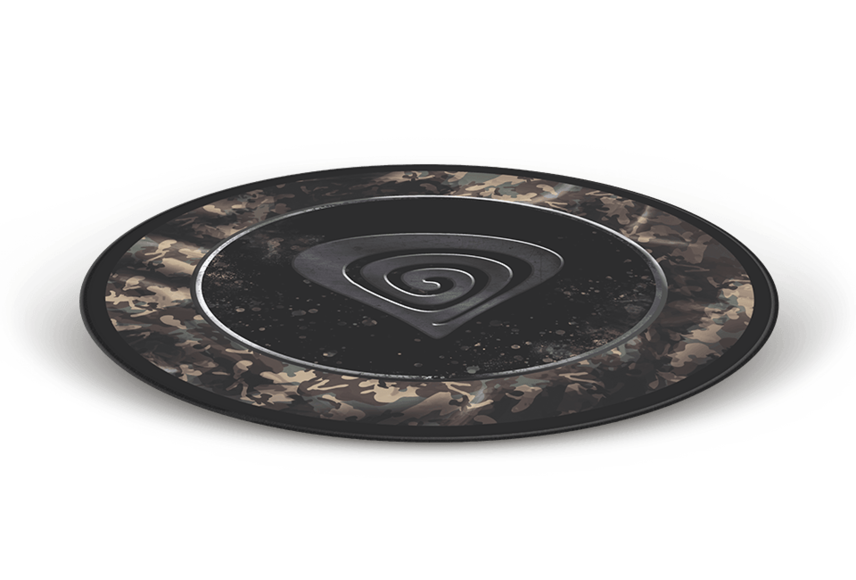 Round protective mat for Genesis Tellur 500 chair, featuring a camouflage design and spiral logo in the center