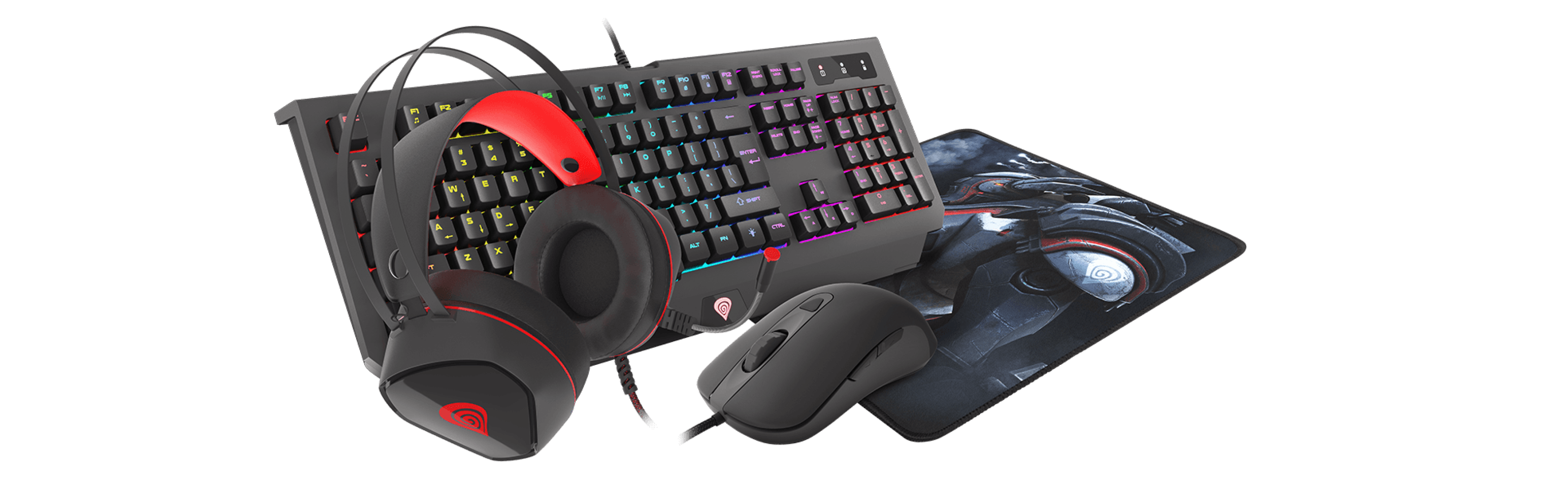 Gaming keyboard with colorful keys, headset, mouse, and a themed mouse pad.