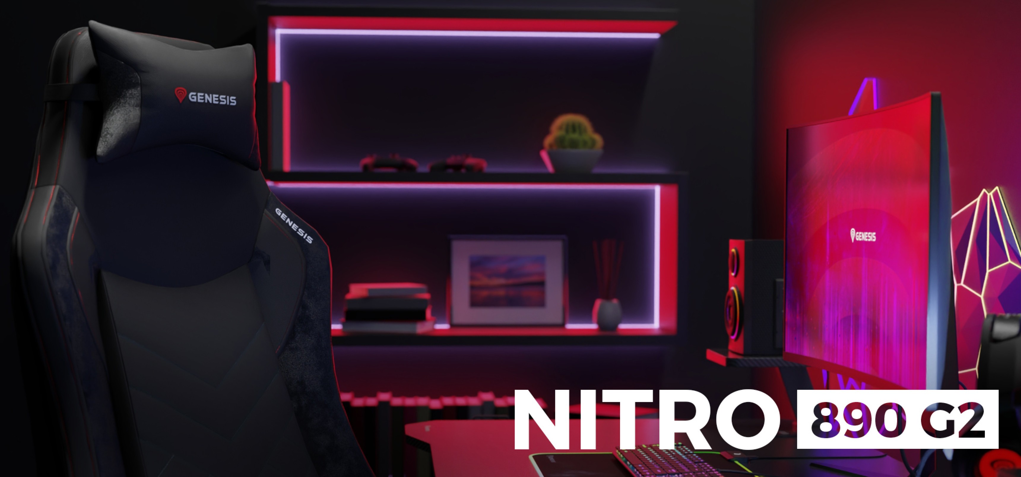 Gaming chair Genesis Nitro 890 G2 in black, placed beside a modern desk with an illuminated background and gaming setup