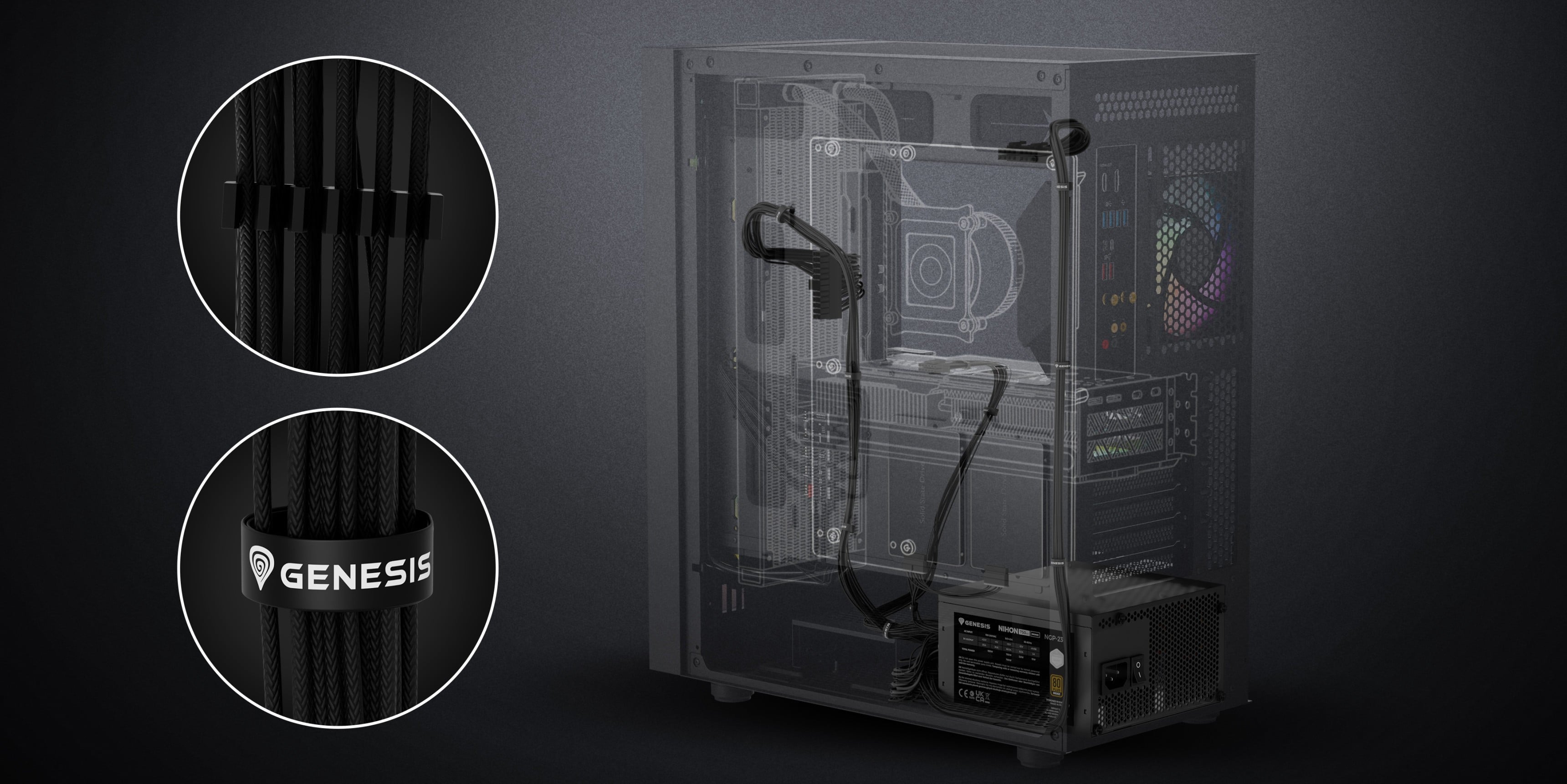 Computer case showcasing internal components and sleeved cables with a logo.