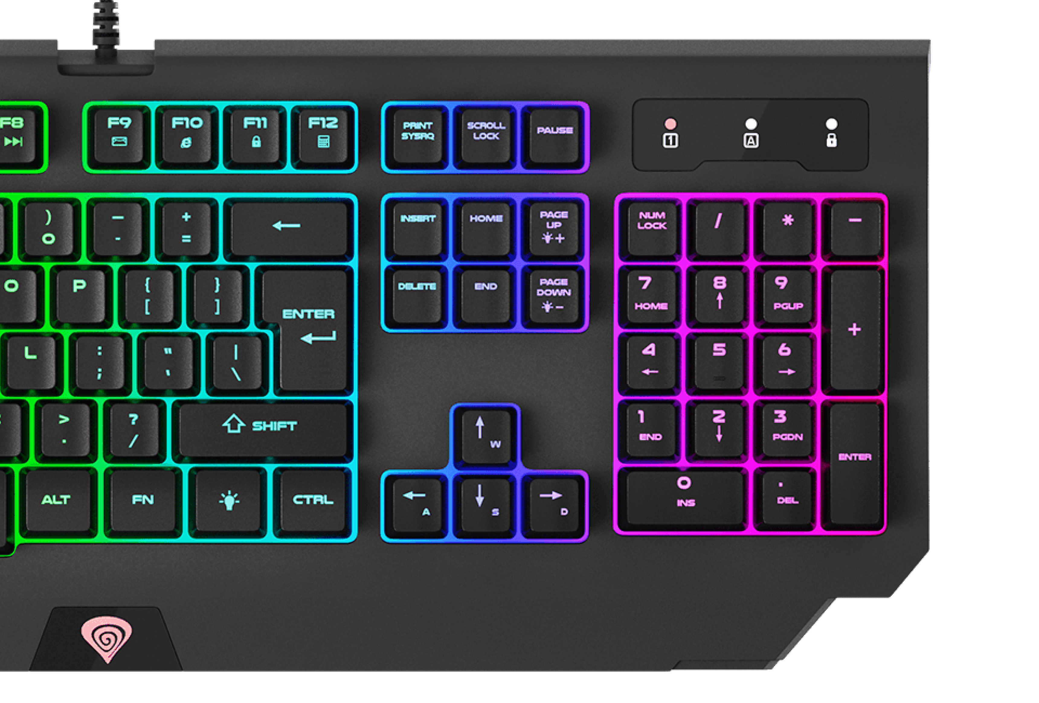 Keyboard featuring colorful backlighting and various function and number keys.