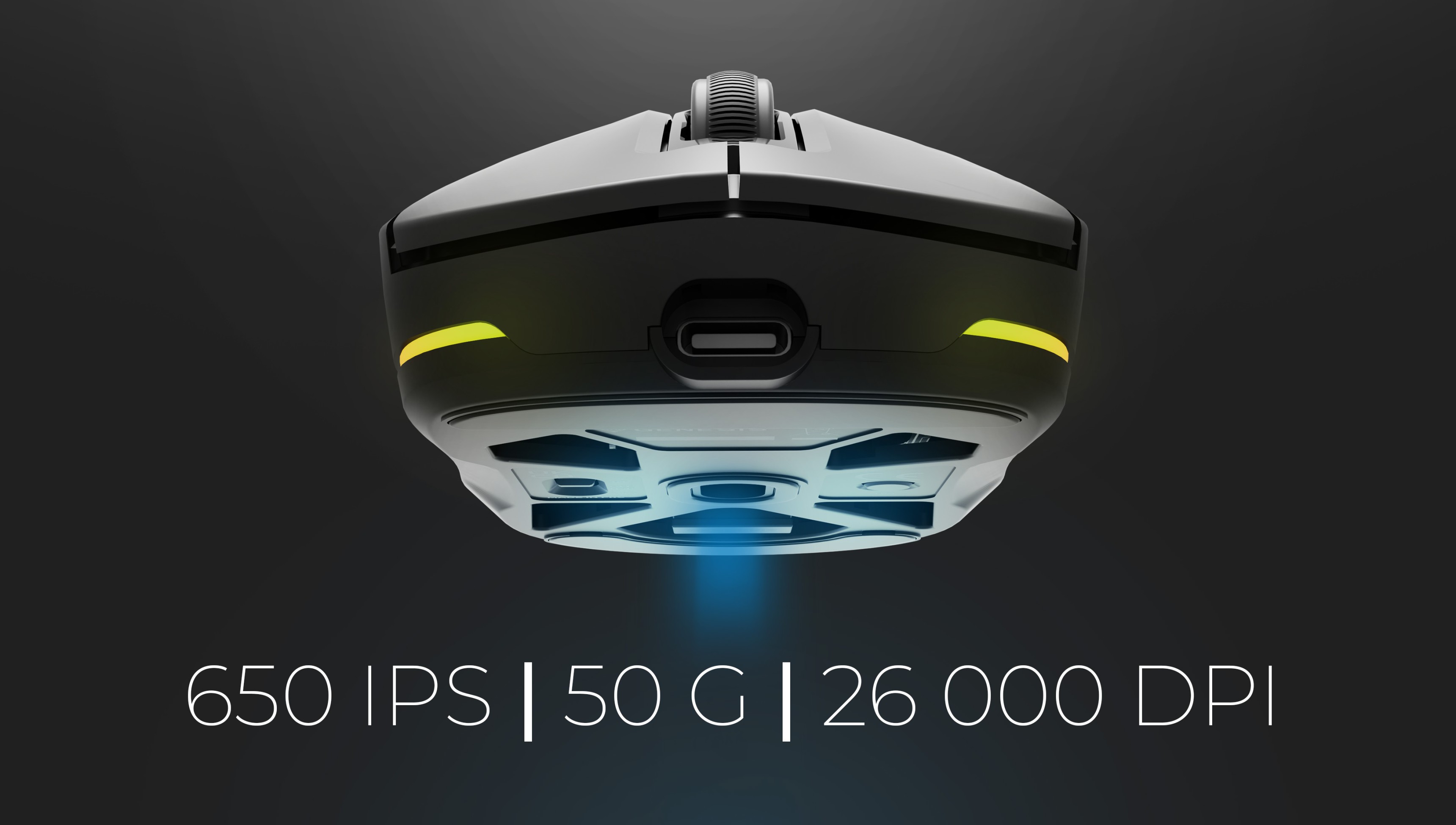 Wireless gaming mouse with a sleek design, showcasing features: 650 IPS, 50 G, and 26,000 DPI