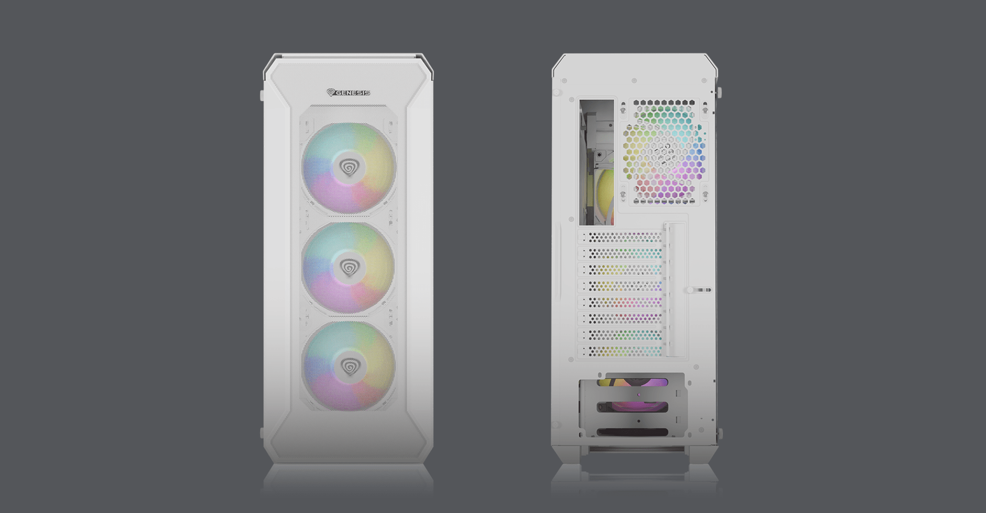 White Genesis Irid 505 ARGB V2 midi tower PC case featuring front RGB fans and a transparent side panel