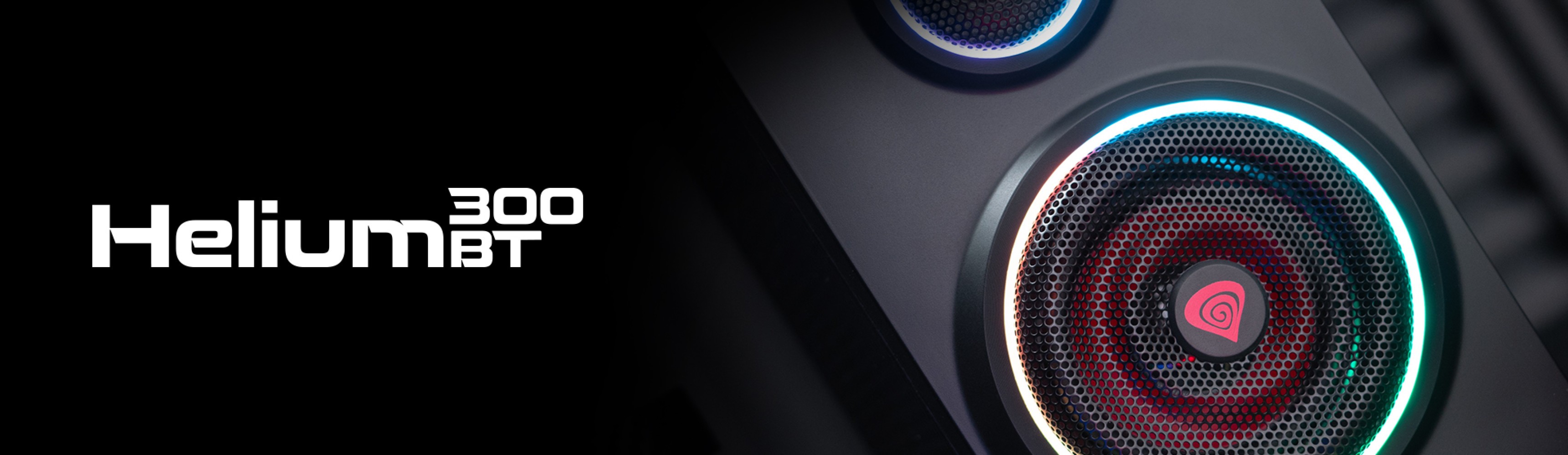Black background featuring the Genesis Helium 300BT Bluetooth speakers with colorful ARGB lighting