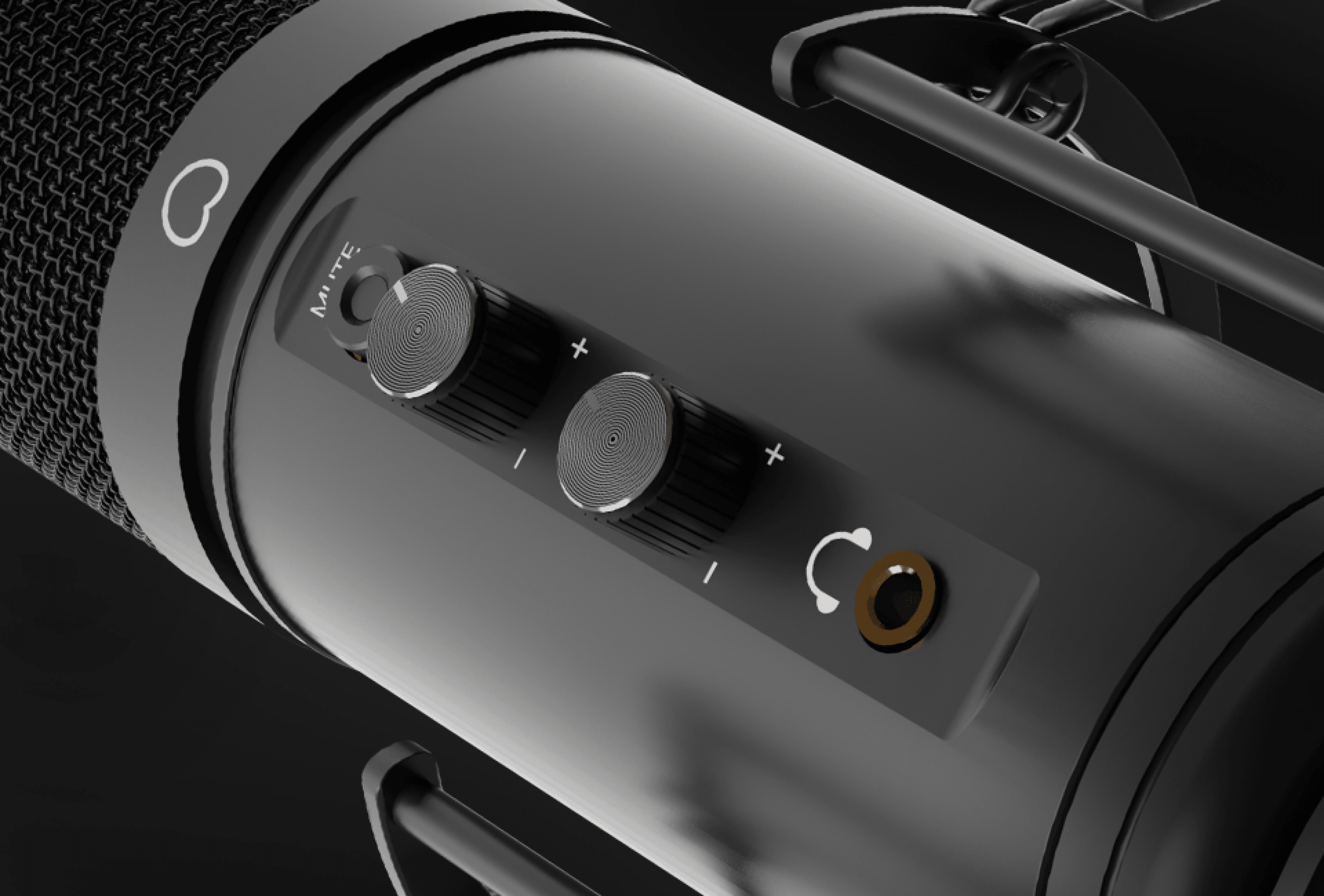 Close-up of the Genesis Radium 600 G2 USB microphone, showing control knobs and a headphone jack on its body