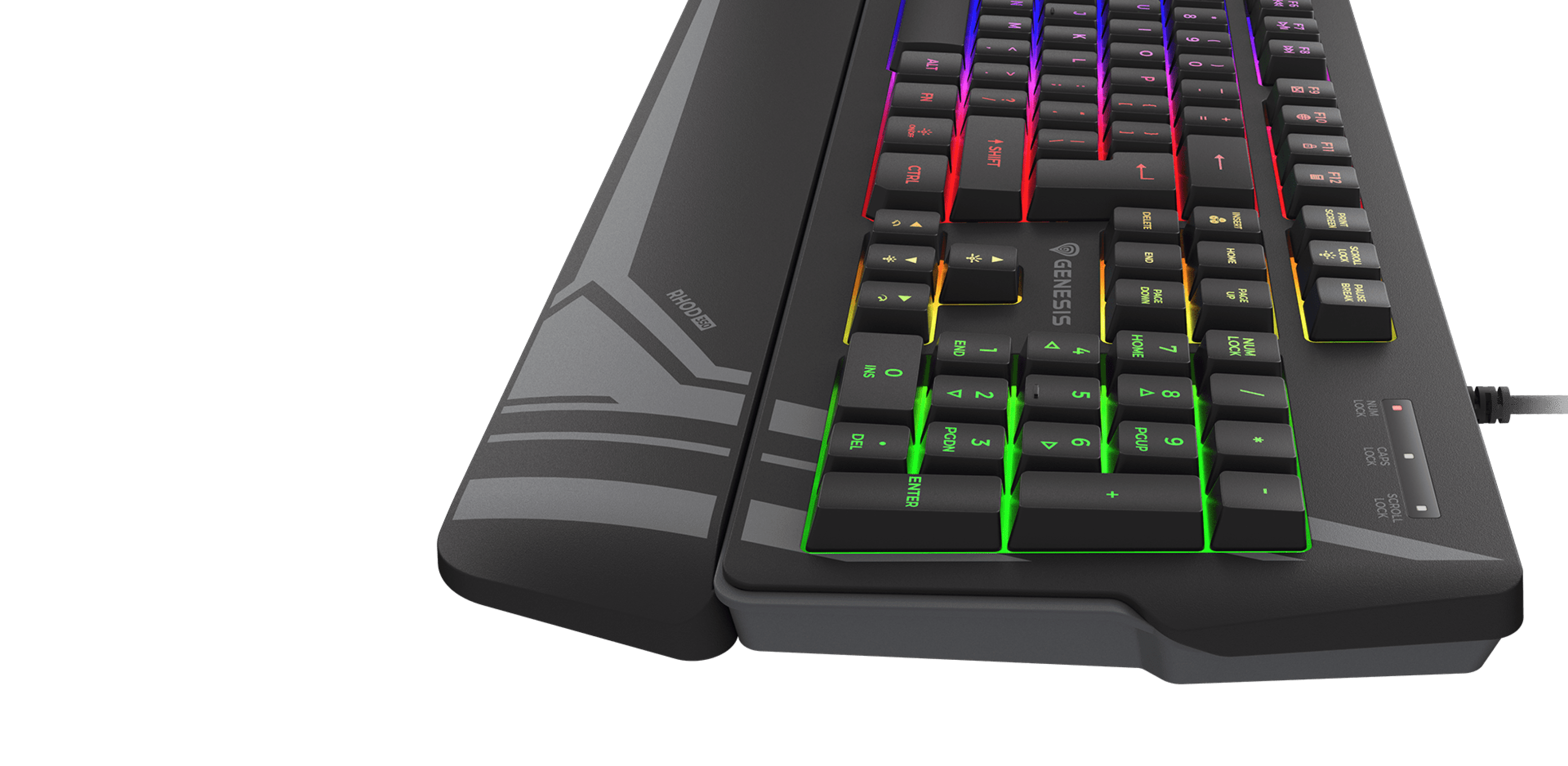 Keyboard with colorful backlighting and a textured wrist rest on one side.