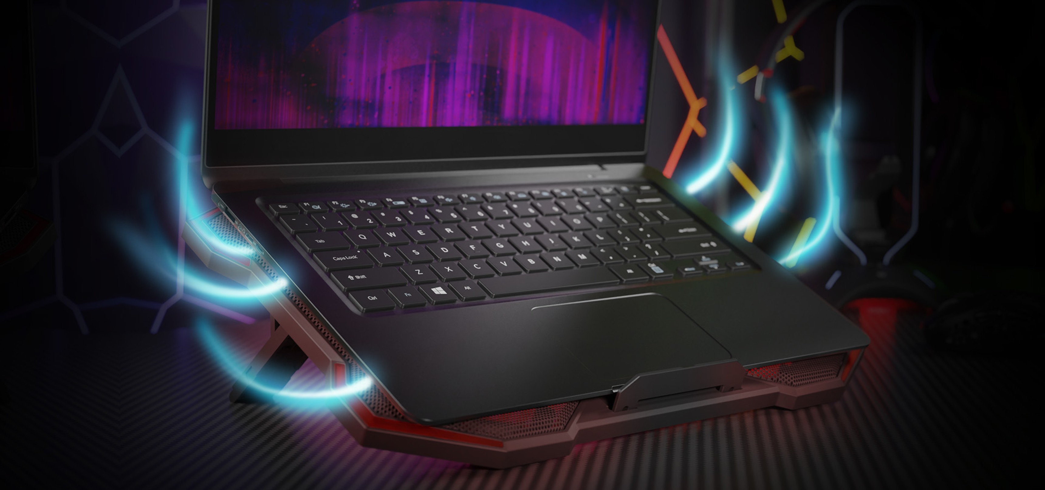 Laptop cooling pad with four fans, LED lighting, and two USB ports, designed for 15.6 to 17.3-inch laptops