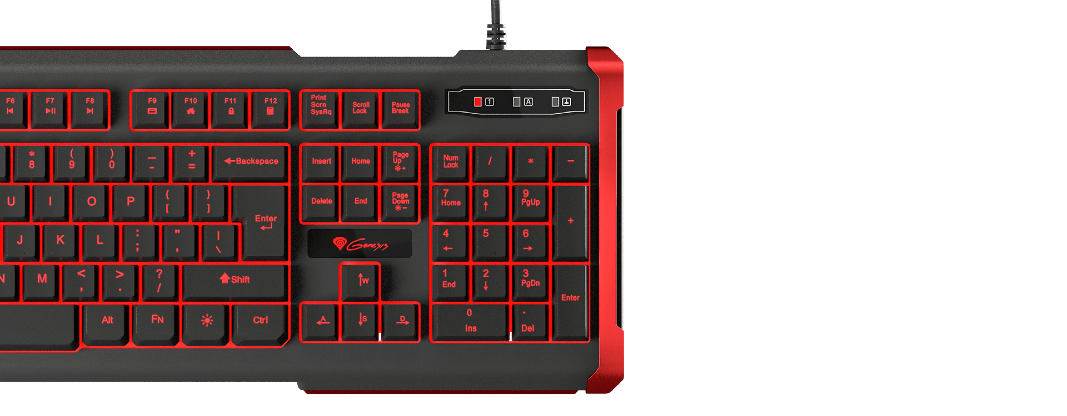 Keyboard with black keys and red highlights, featuring a connection cable and multimedia keys.