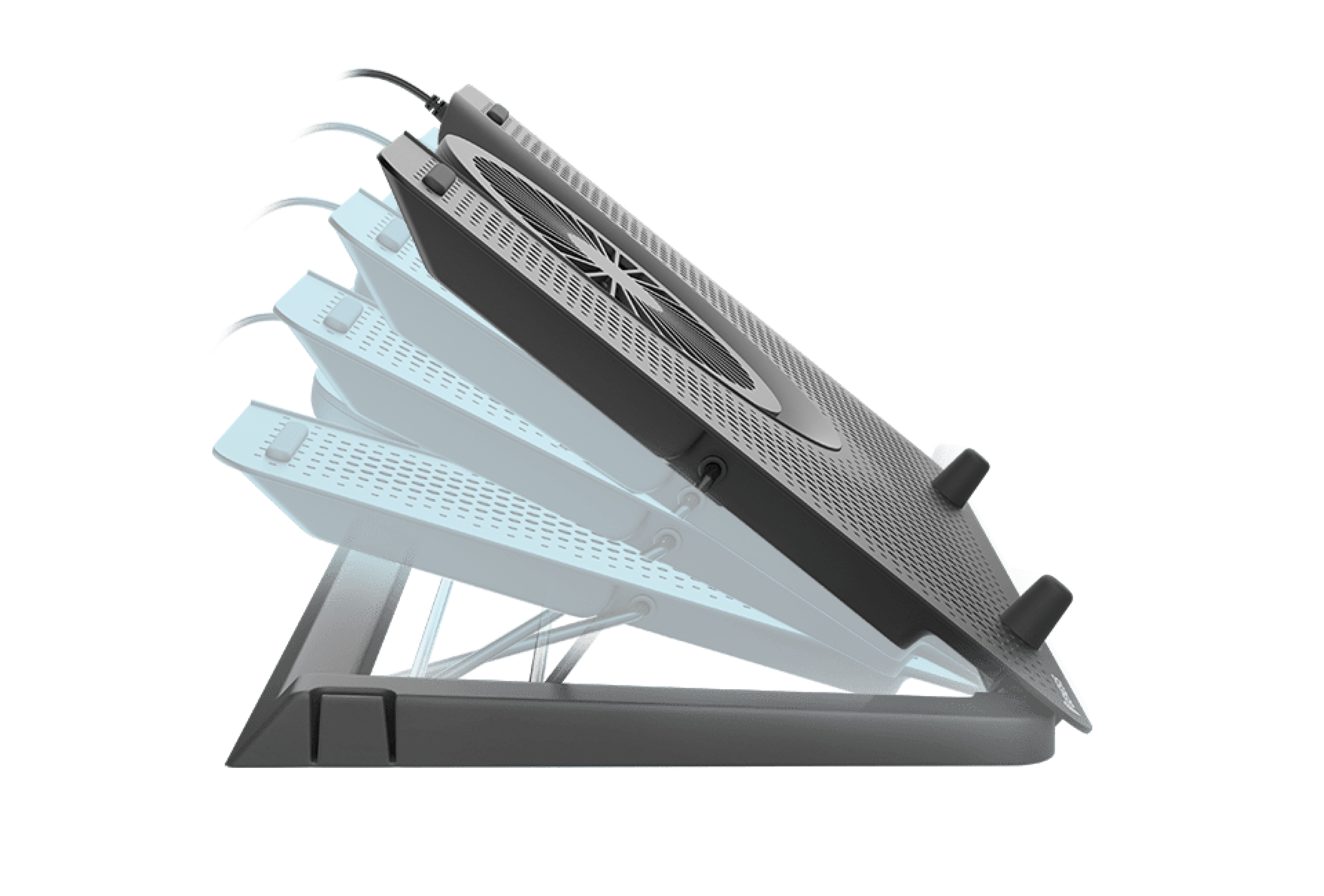 Cooling pad for laptops, compatible with 15.6-17.3" devices, featuring 5 fans, adjustable height, and USB connection