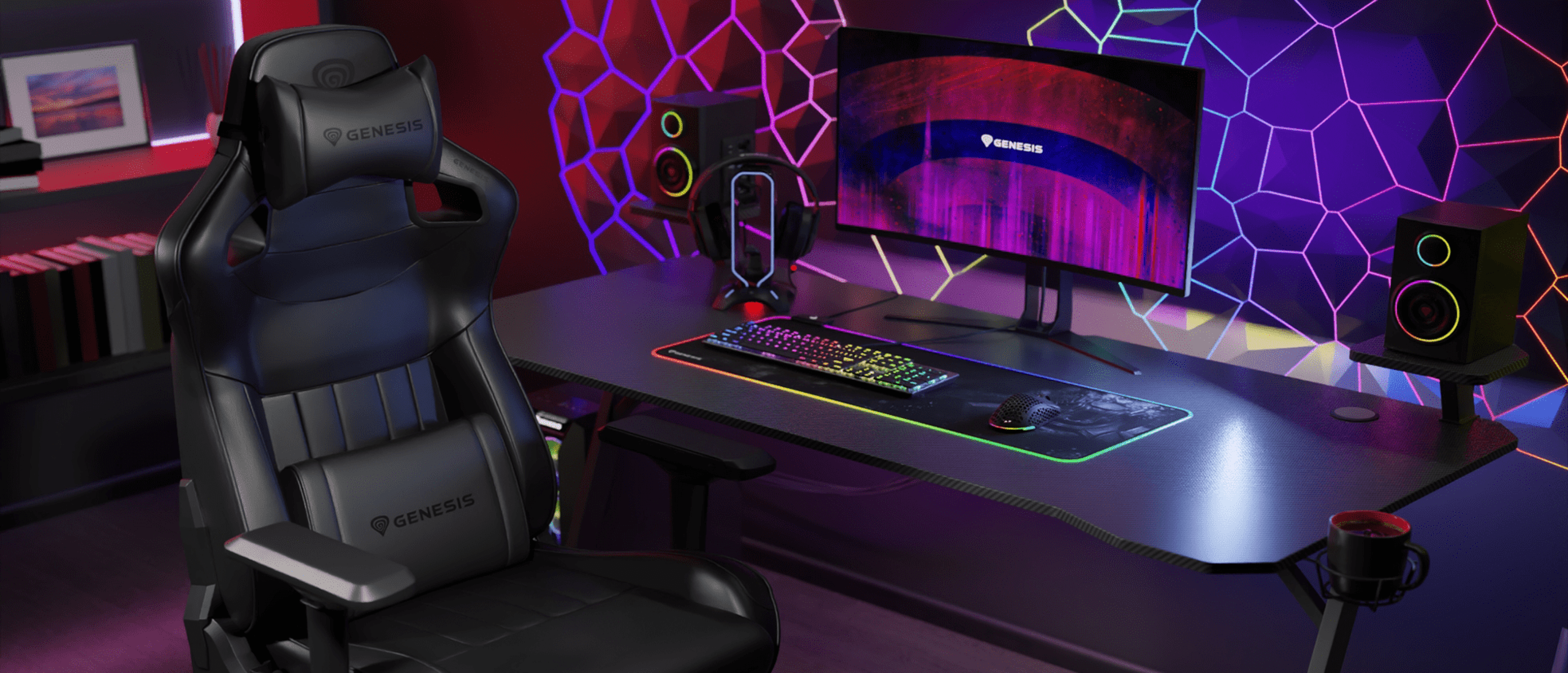 Black gaming chair positioned in a high-tech setup with a colorful RGB keyboard, monitor, and speakers against a vibrant backdrop