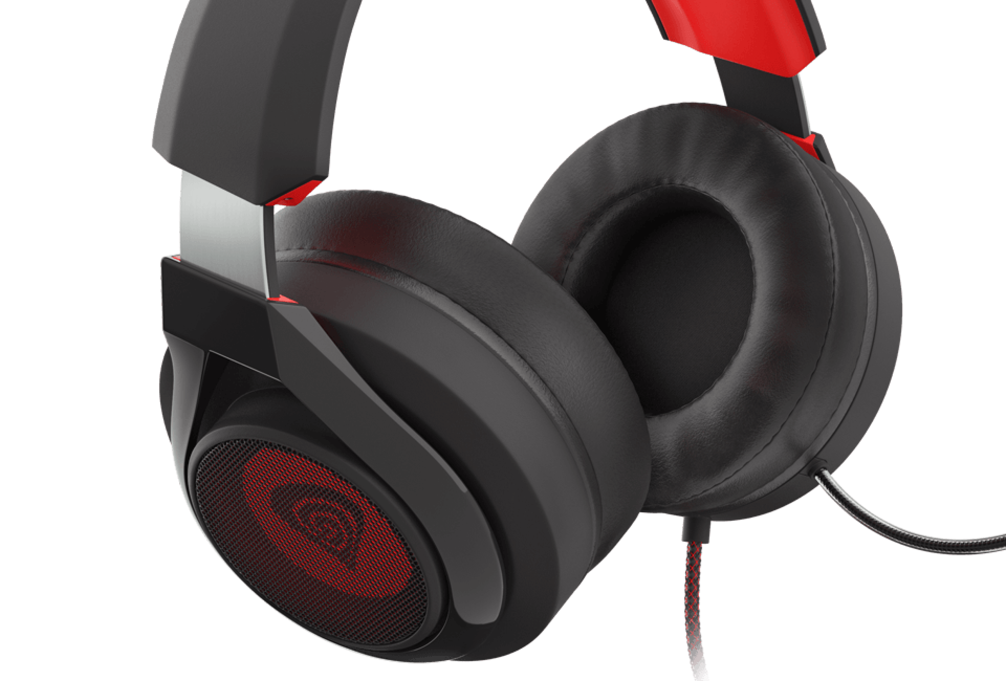 Black and red Genesis Radon 610 over-ear headphones with microphone and USB connection, featuring illuminated accents