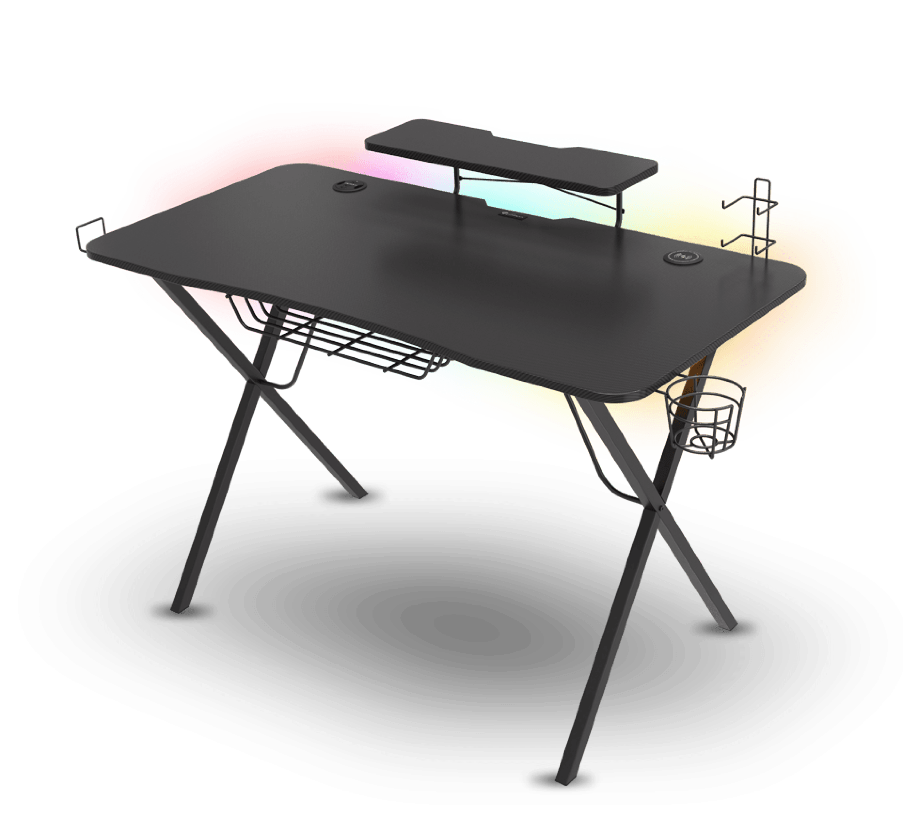 Gaming desk with a sleek black finish, featuring RGB lighting, a monitor shelf, cable management, and side storage compartments