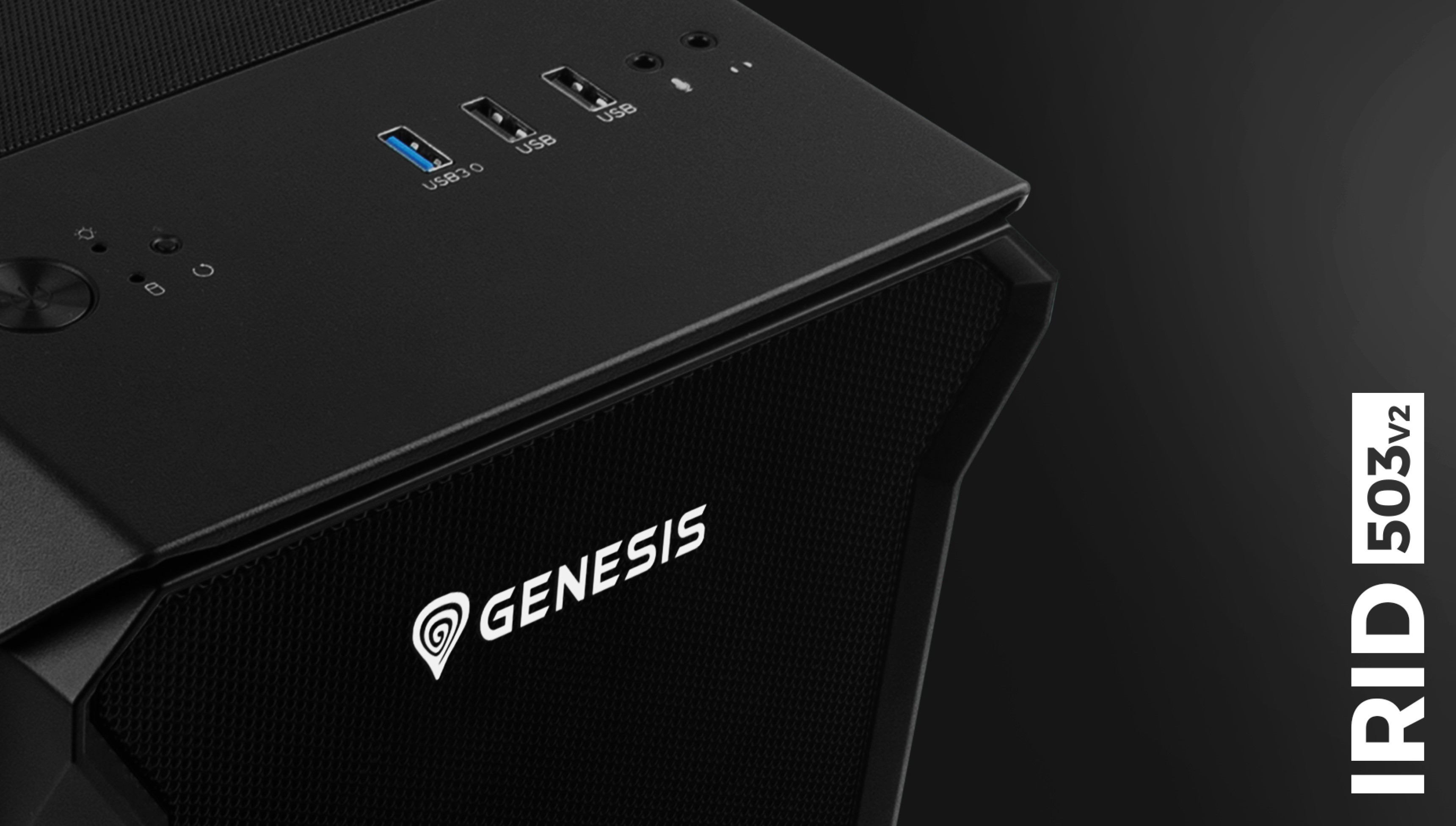 Black Genesis IRID 503 V2 MATX mini tower case featuring USB ports and a power button on top