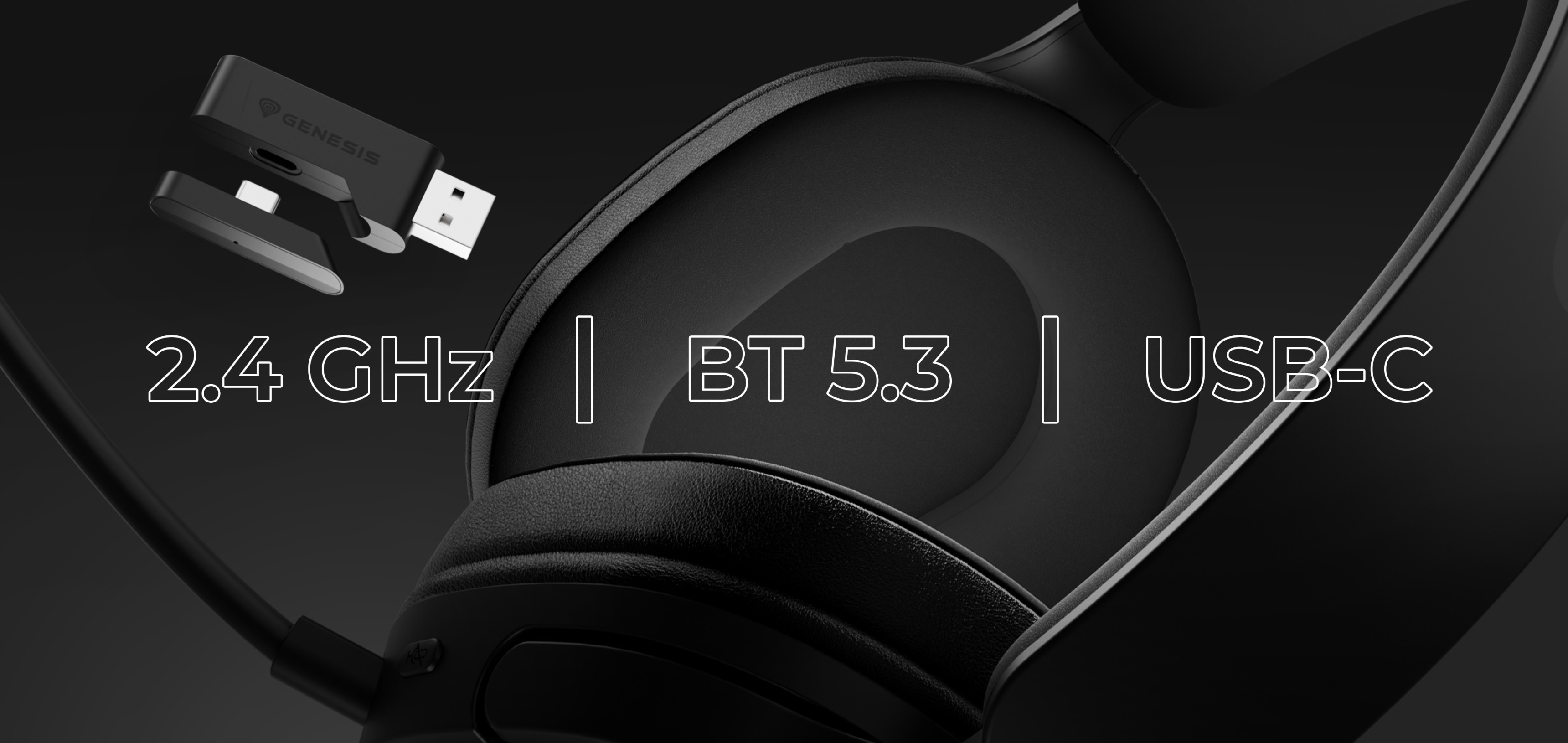 Wireless headphones with a connection adapter and a smooth black design.