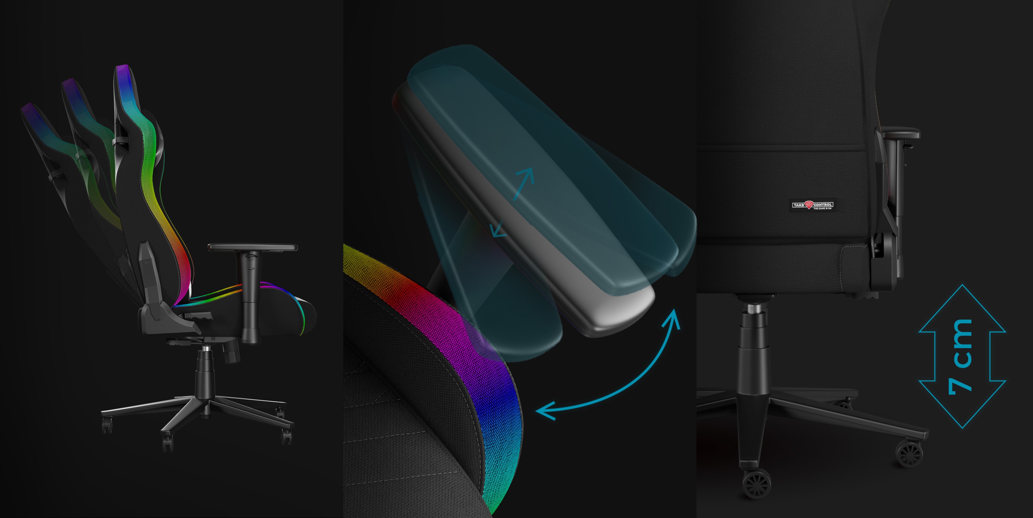 Black gaming chair FOTEL GAMINGOWY GENESIS TRIT 660 with RGB accents, showcasing adjustable armrests and height features