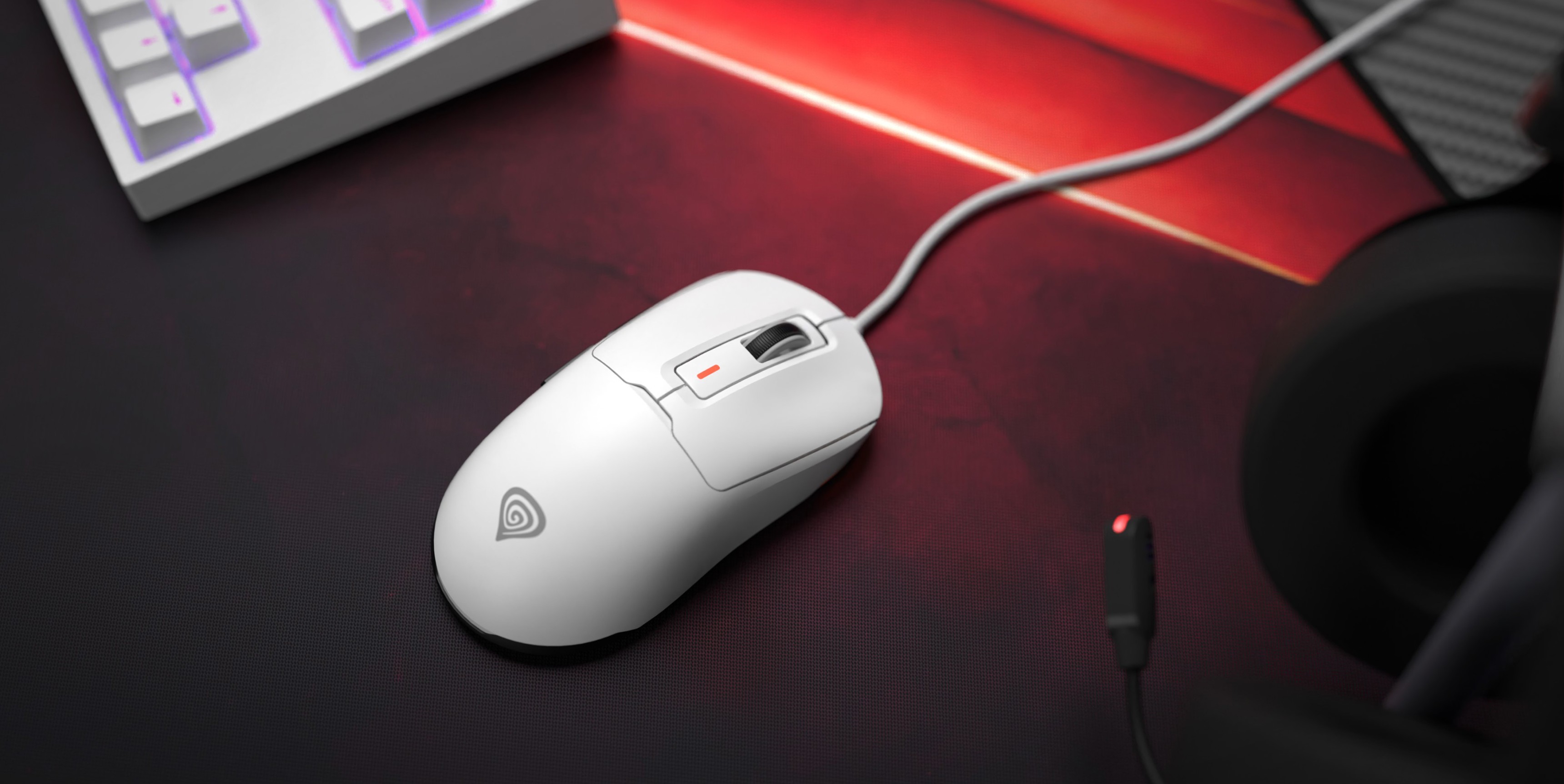 White RGB gaming mouse with programmable buttons and a wired connection, placed on a red-lit mouse pad